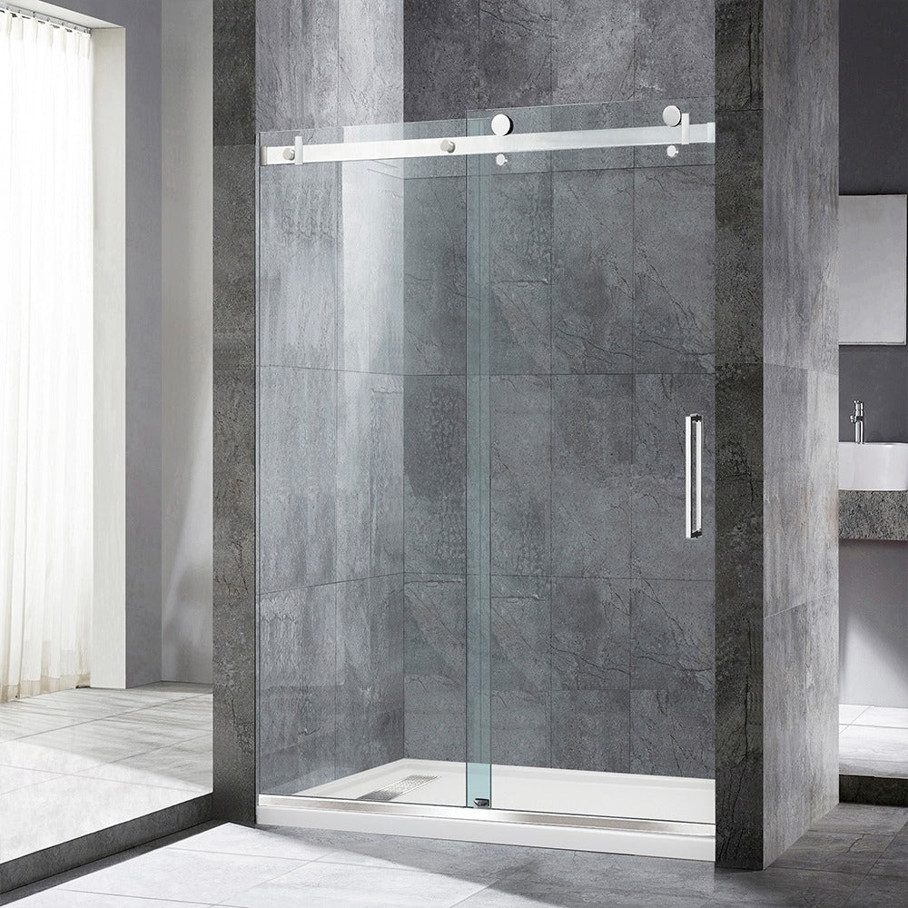 WOODBRIDGE Frameless Single Sliding Shower Doors 44-48" Width x 76" Height with 5/16"(8mm) Clear Tempered Glass and Explosion-Proof Film, MSDF4876