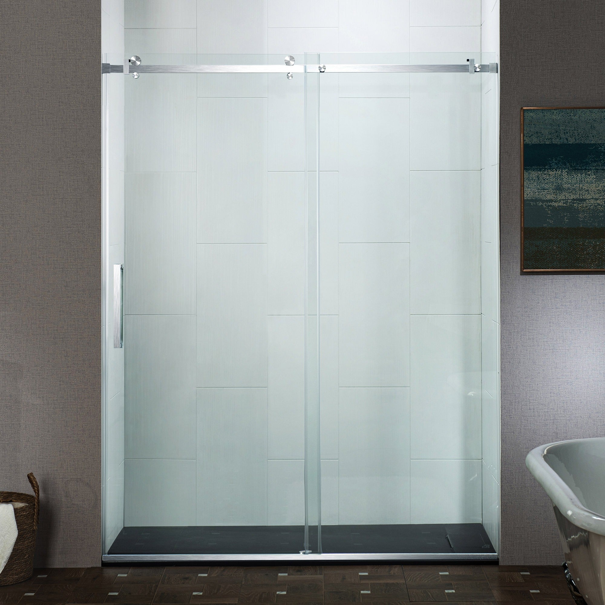 WOODBRIDGE Frameless Single Sliding Shower Doors 44-48" Width x 76" Height with 5/16"(8mm) Clear Tempered Glass and Explosion-Proof Film, MSDF4876