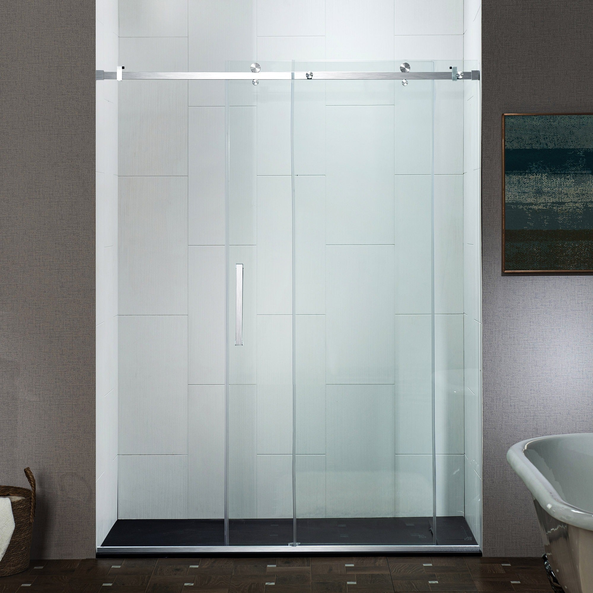 WOODBRIDGE Frameless Single Sliding Shower Doors 44-48" Width x 76" Height with 5/16"(8mm) Clear Tempered Glass and Explosion-Proof Film, MSDF4876