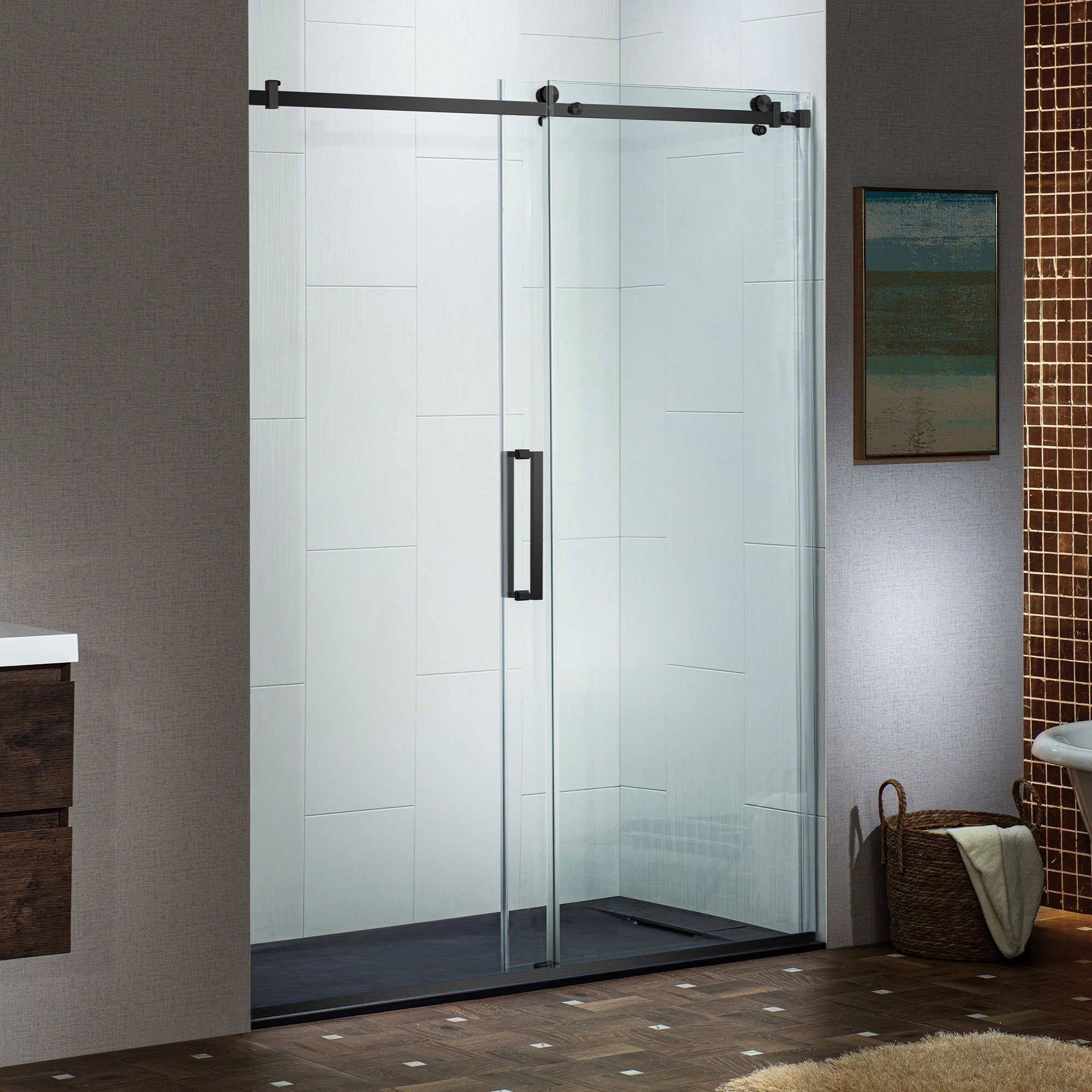 WOODBRIDGE Frameless Single Sliding Shower Doors 44-48" Width x 76" Height with 5/16"(8mm) Clear Tempered Glass and Explosion-Proof Film, MSDF4876