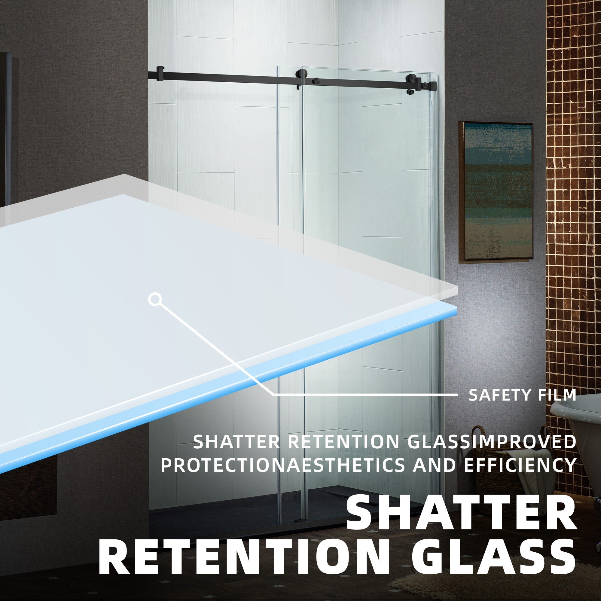 WOODBRIDGE Frameless Single Sliding Shower Doors 44-48" Width x 76" Height with 5/16"(8mm) Clear Tempered Glass and Explosion-Proof Film, MSDF4876