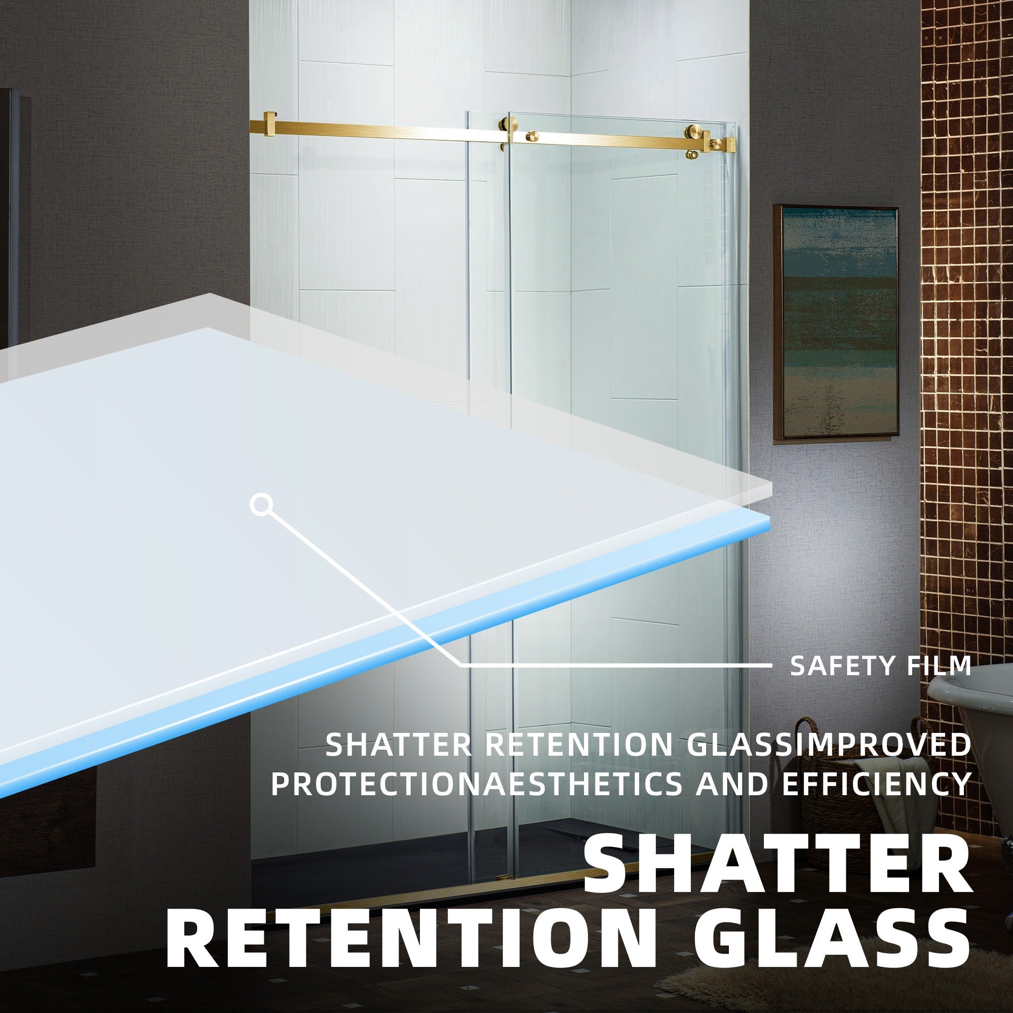 WOODBRIDGE Frameless Single Sliding Shower Doors 44-48" Width x 76" Height with 5/16"(8mm) Clear Tempered Glass and Explosion-Proof Film, MSDF4876