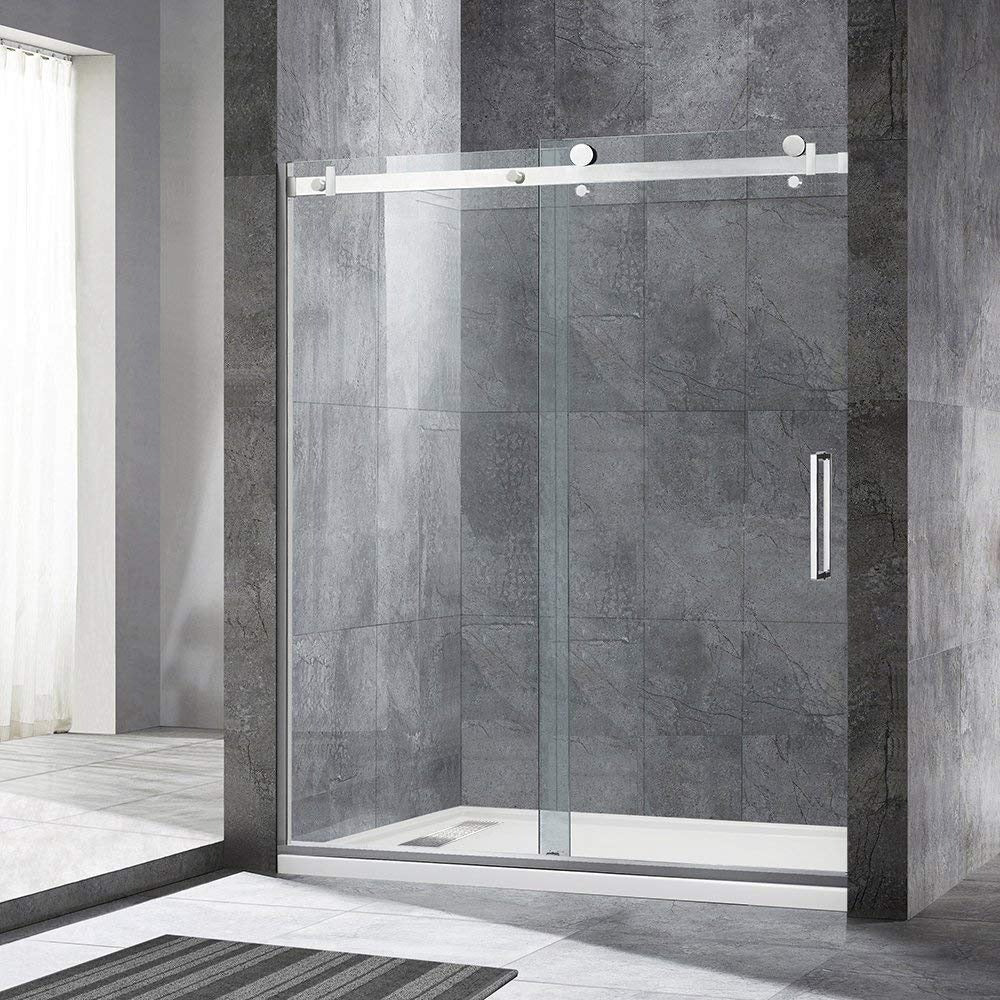 WOODBRIDGE Frameless Single Sliding Shower Doors 56-60" Width x 76" Height with 5/16"(8mm) Clear Tempered Glass and Explosion-Proof Film, MSDF6076