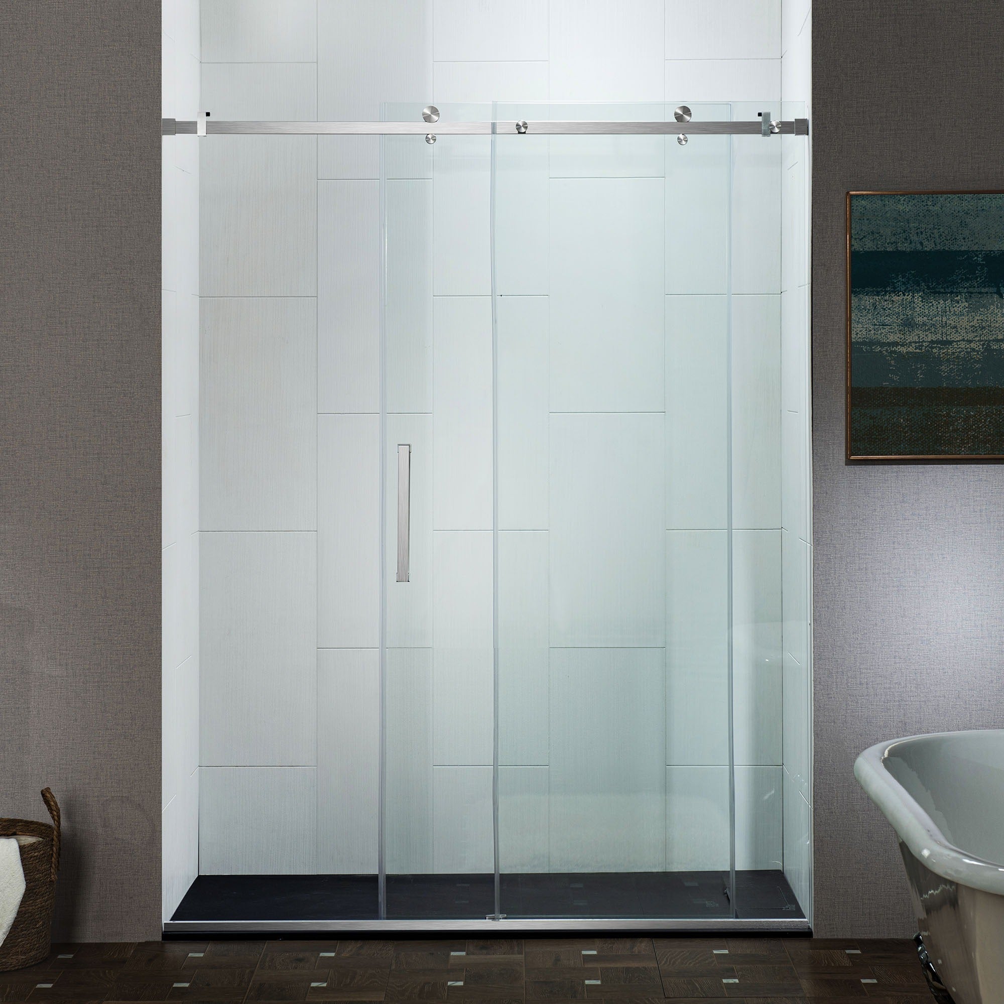 WOODBRIDGE Frameless Single Sliding Shower Doors 56-60" Width x 76" Height with 5/16"(8mm) Clear Tempered Glass and Explosion-Proof Film, MSDF6076