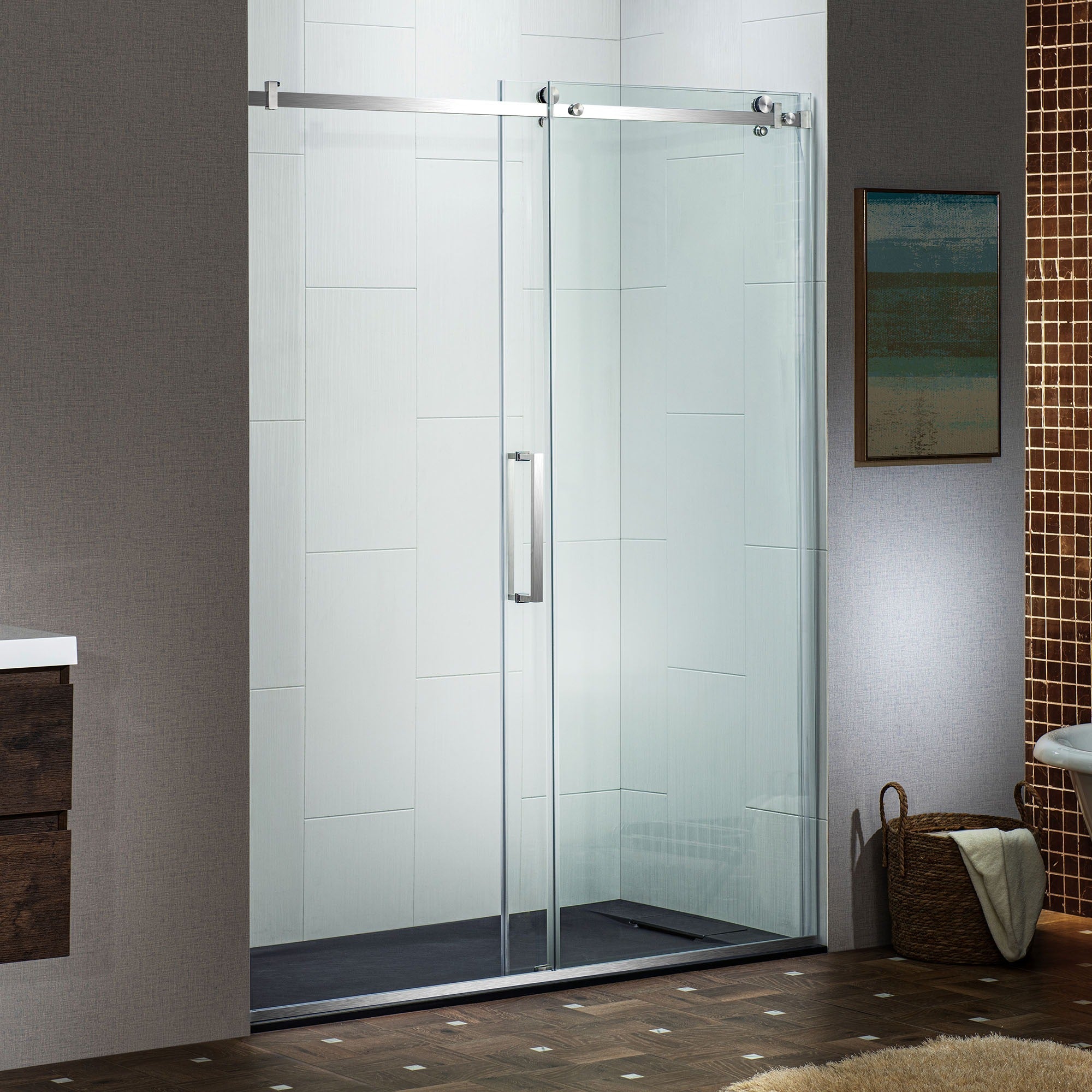 WOODBRIDGE Frameless Single Sliding Shower Doors 56-60" Width x 76" Height with 5/16"(8mm) Clear Tempered Glass and Explosion-Proof Film, MSDF6076