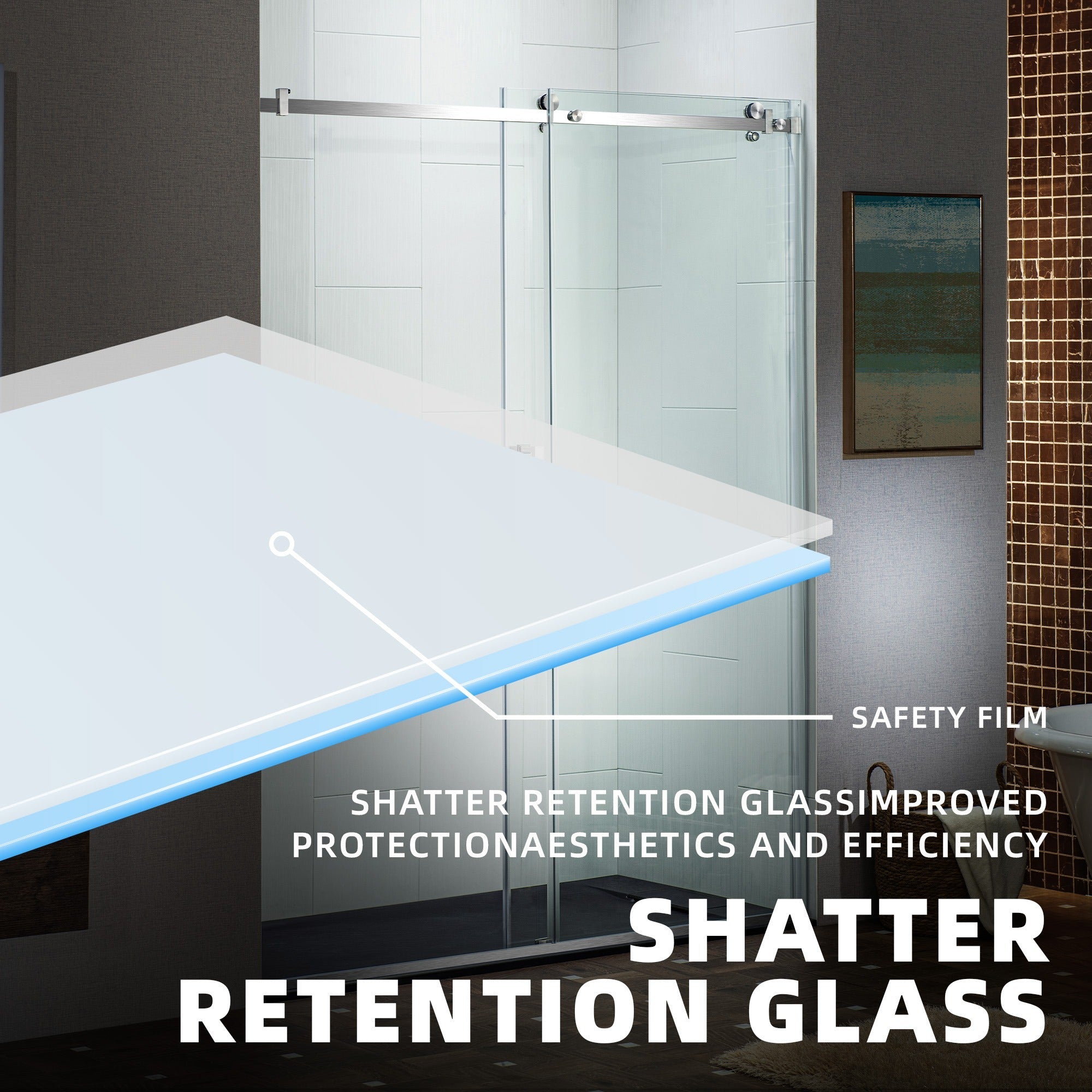 WOODBRIDGE Frameless Single Sliding Shower Doors 56-60" Width x 76" Height with 5/16"(8mm) Clear Tempered Glass and Explosion-Proof Film, MSDF6076