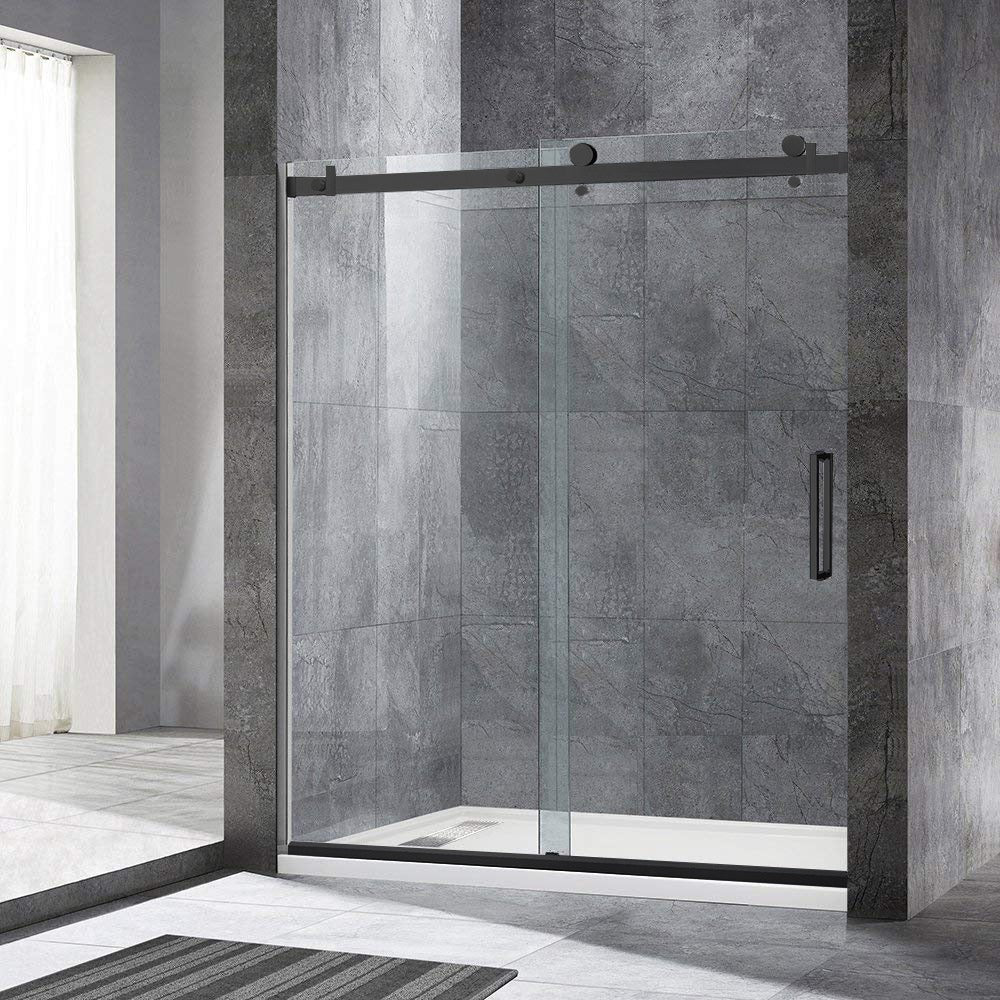 WOODBRIDGE Frameless Single Sliding Shower Doors 56-60" Width x 76" Height with 5/16"(8mm) Clear Tempered Glass and Explosion-Proof Film, MSDF6076