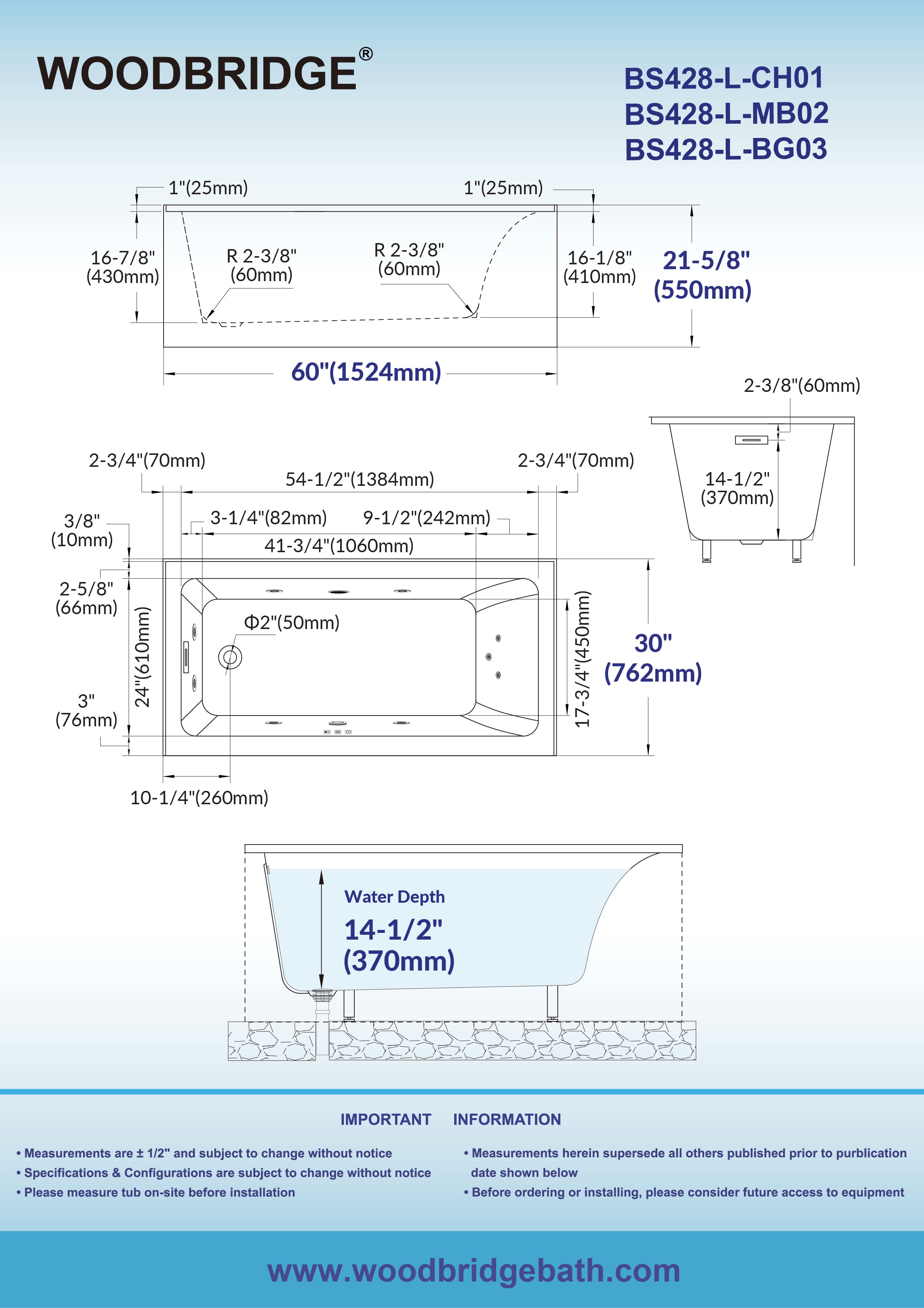 WOODBRIDGE 60" x 30" Alcove Acrylic Rectangular Whirlpool Heated Jetted Tub – Left Drain, White, BS428 Series