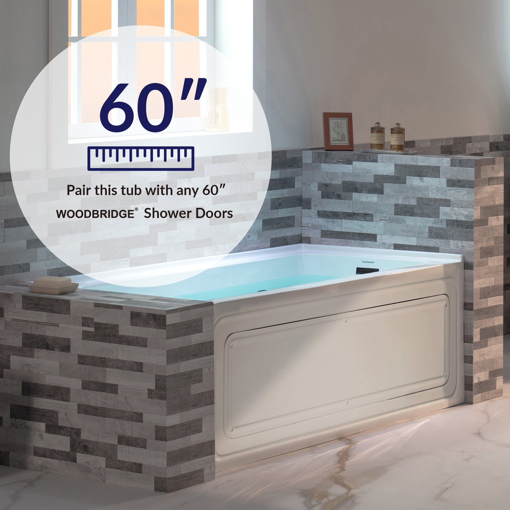 WOODBRIDGE 60" x 32" Alcove Acrylic Rectangular Whirlpool Heated Jetted Tub in White with right Drain, Matte Black Finish Trim and Drain Kit Included, BS667-R-MB02