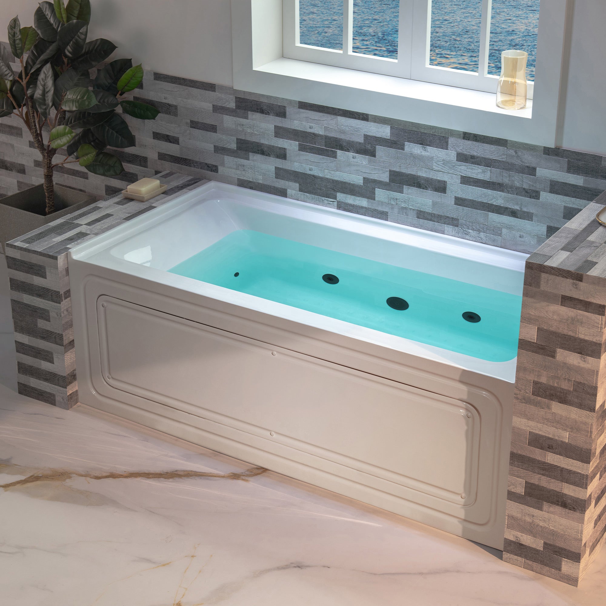 WOODBRIDGE 60" x 32" Alcove Acrylic Rectangular Whirlpool Heated Jetted Tub in White with right Drain, Matte Black Finish Trim and Drain Kit Included, BS667-R-MB02