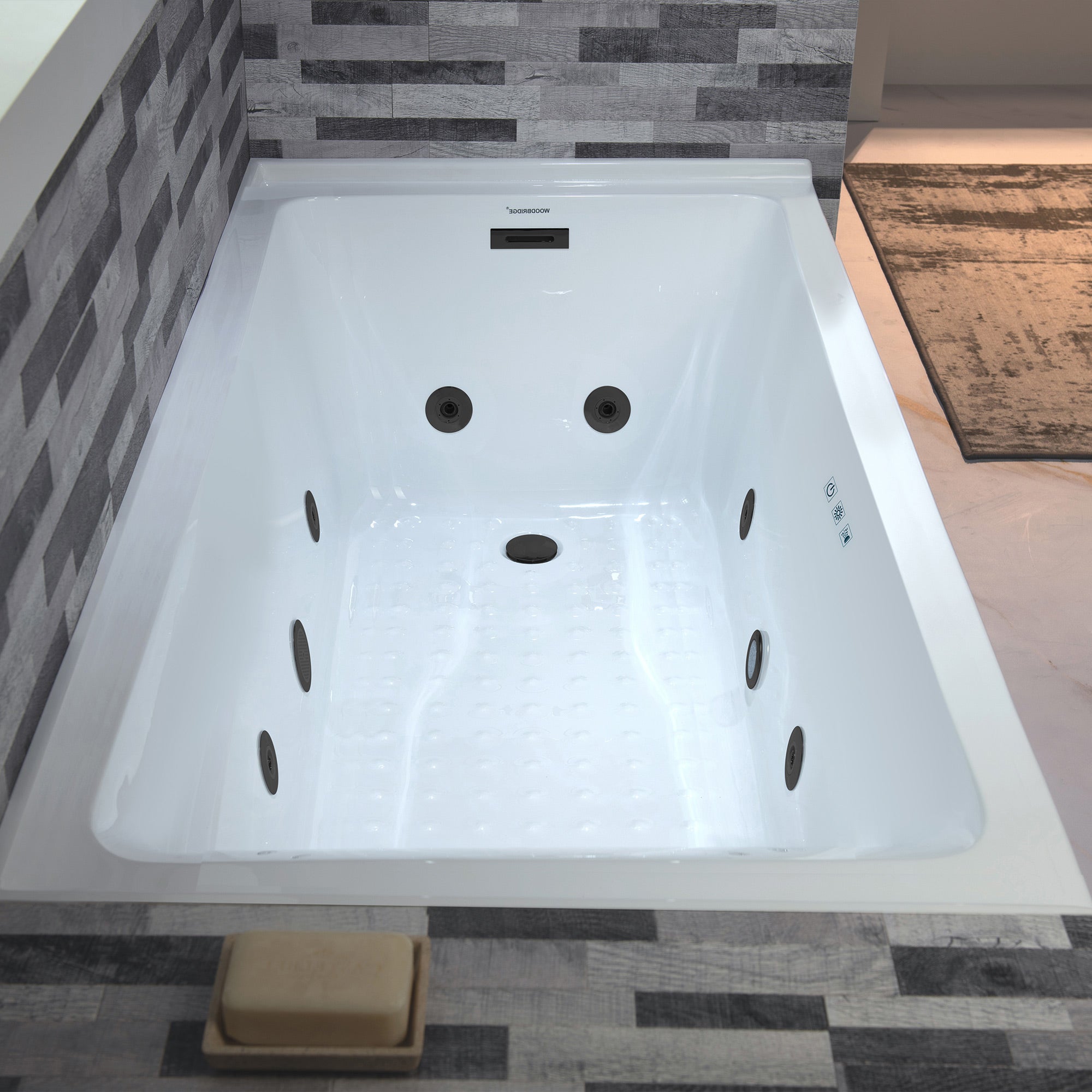 WOODBRIDGE 60" x 32" Alcove Acrylic Rectangular Whirlpool Heated Jetted Tub in White with right Drain, Matte Black Finish Trim and Drain Kit Included, BS667-R-MB02