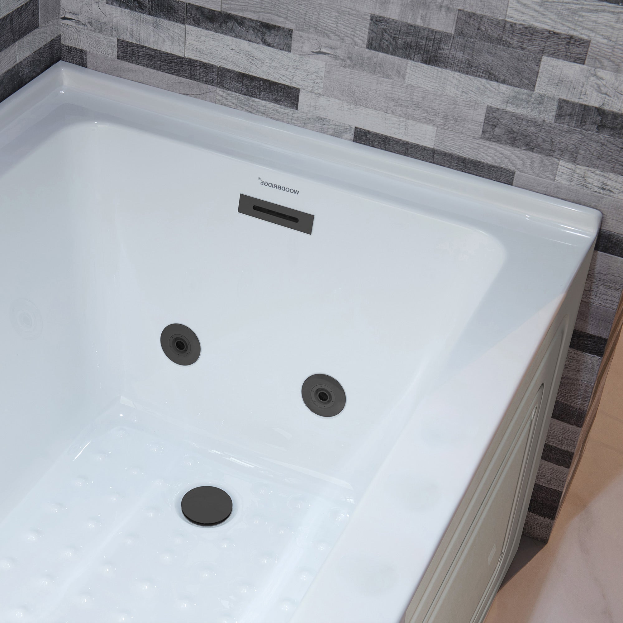 WOODBRIDGE 60" x 32" Alcove Acrylic Rectangular Whirlpool Heated Jetted Tub in White with right Drain, Matte Black Finish Trim and Drain Kit Included, BS667-R-MB02