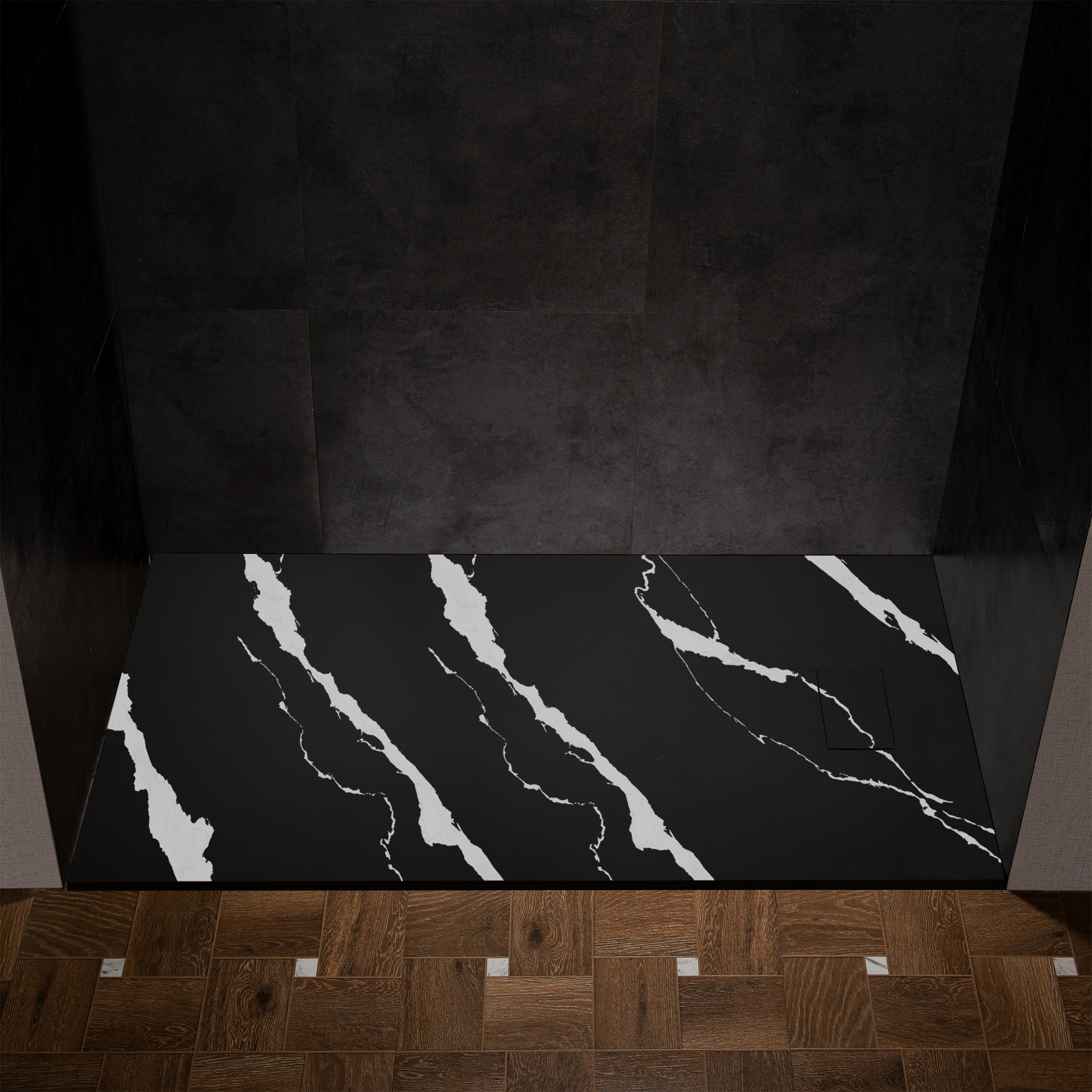 WOODBRIDGE 47.25 in L x 31.5 in W Zero Threshold End Drain Shower Base with Reversible Drain Placement, Matching Decorative Drain Plate and Tile Flange, Wheel Chair Access, Low Profile, Carrara Black