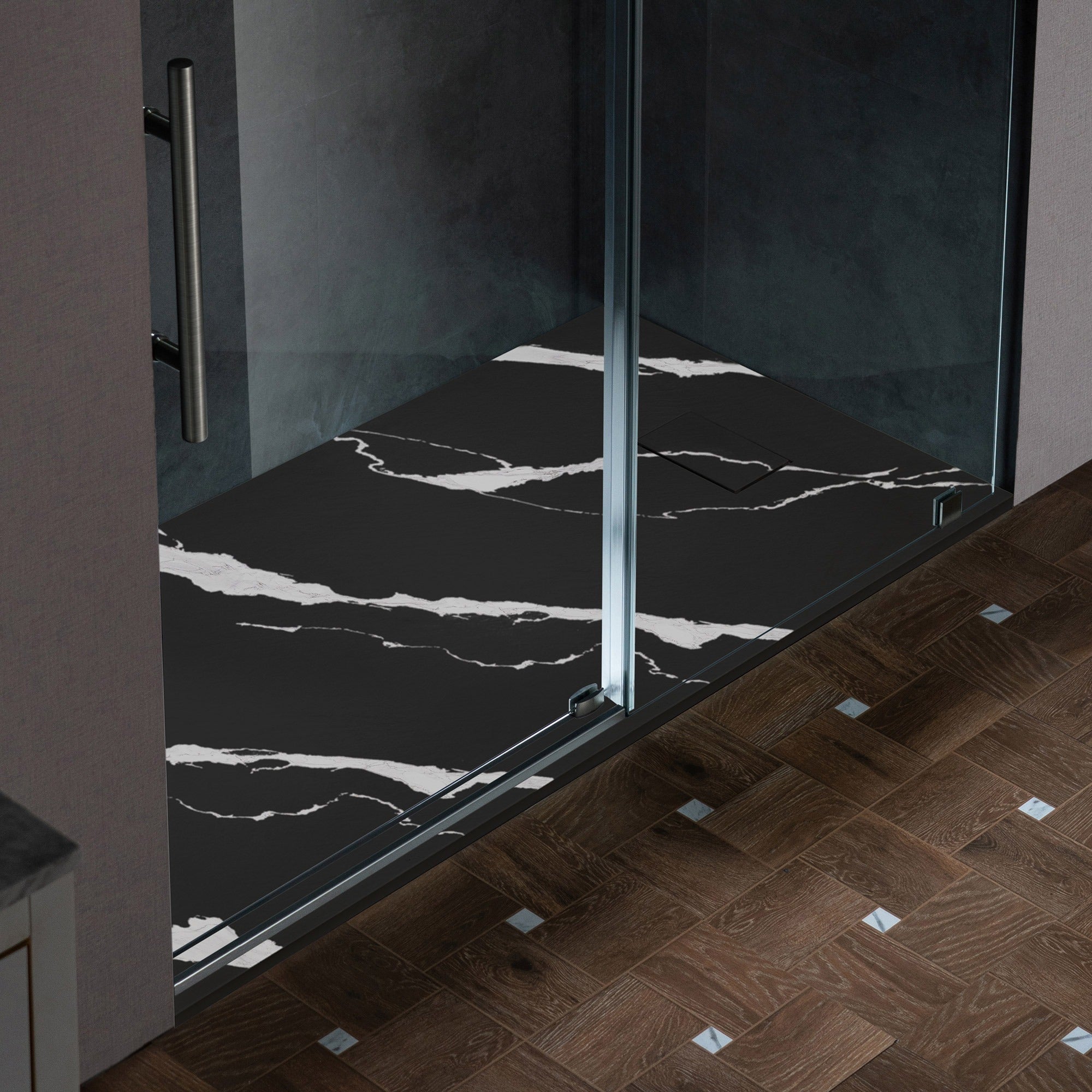 WOODBRIDGE 47.25 in L x 31.5 in W Zero Threshold End Drain Shower Base with Reversible Drain Placement, Matching Decorative Drain Plate and Tile Flange, Wheel Chair Access, Low Profile, Carrara Black