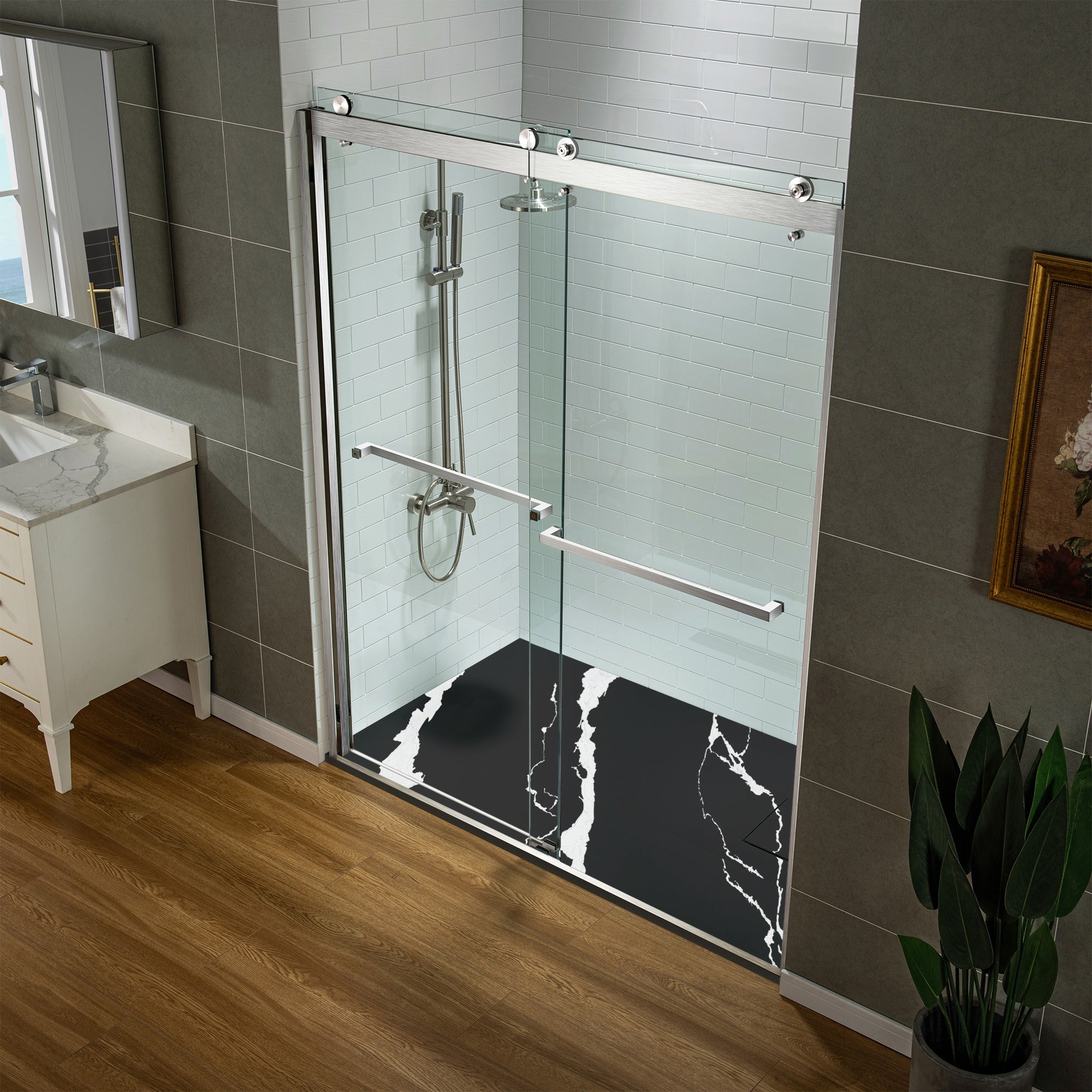 WOODBRIDGE 47.25 in L x 31.5 in W Zero Threshold End Drain Shower Base with Reversible Drain Placement, Matching Decorative Drain Plate and Tile Flange, Wheel Chair Access, Low Profile, Carrara Black