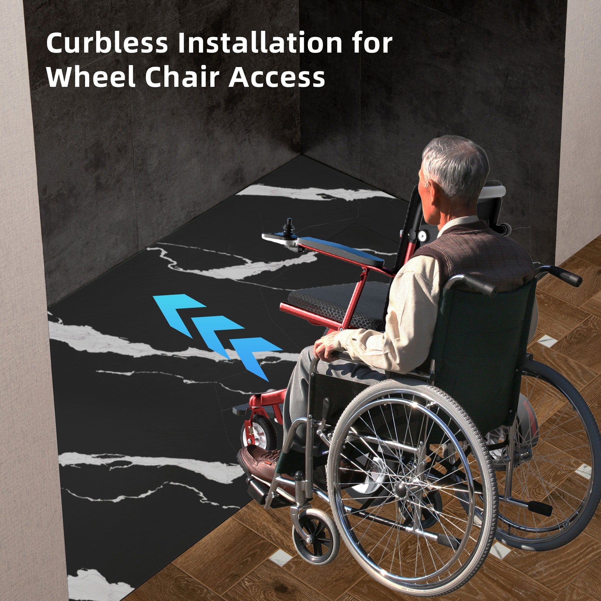 WOODBRIDGE 47.25 in L x 31.5 in W Zero Threshold End Drain Shower Base with Reversible Drain Placement, Matching Decorative Drain Plate and Tile Flange, Wheel Chair Access, Low Profile, Carrara Black