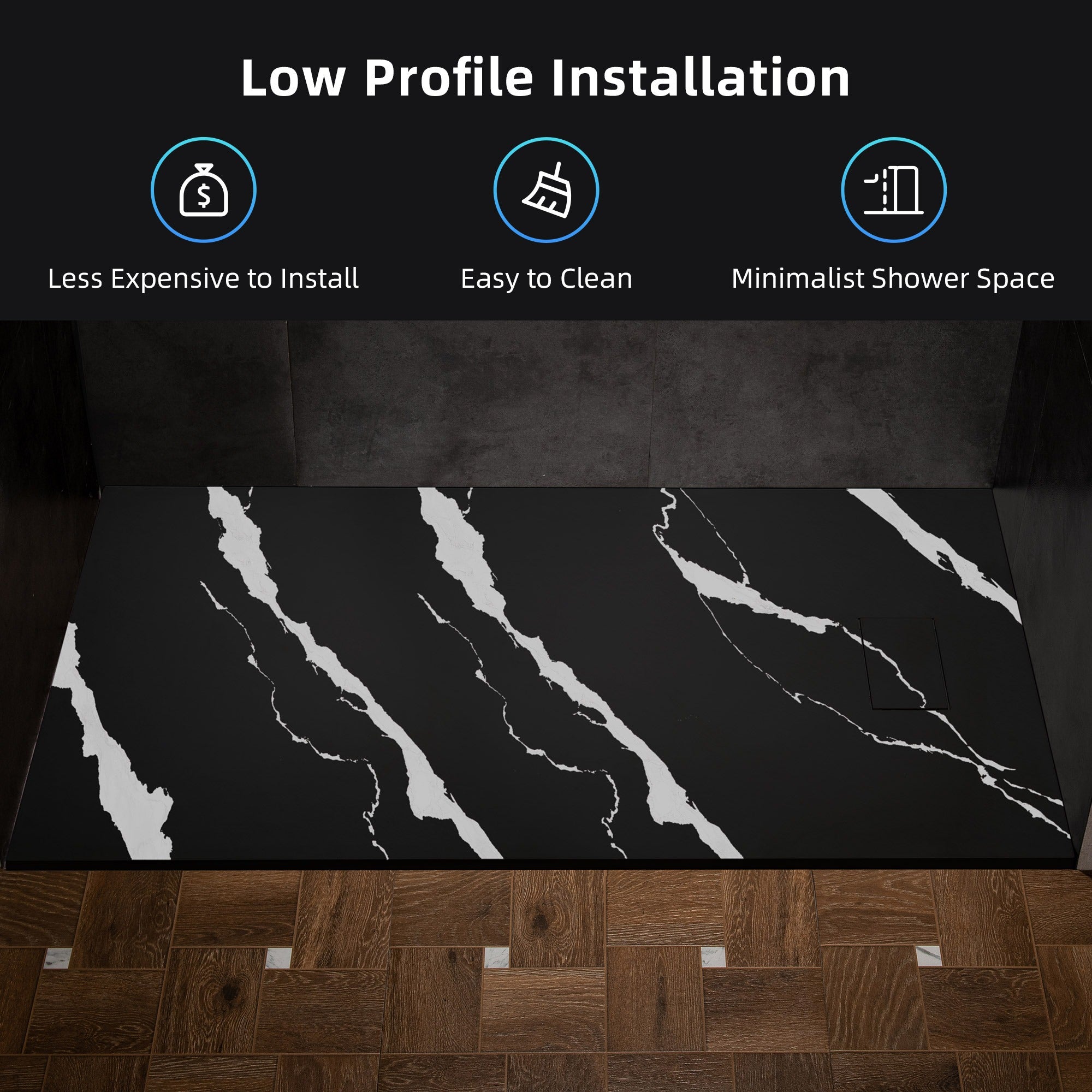 WOODBRIDGE 47.25 in L x 31.5 in W Zero Threshold End Drain Shower Base with Reversible Drain Placement, Matching Decorative Drain Plate and Tile Flange, Wheel Chair Access, Low Profile, Carrara Black
