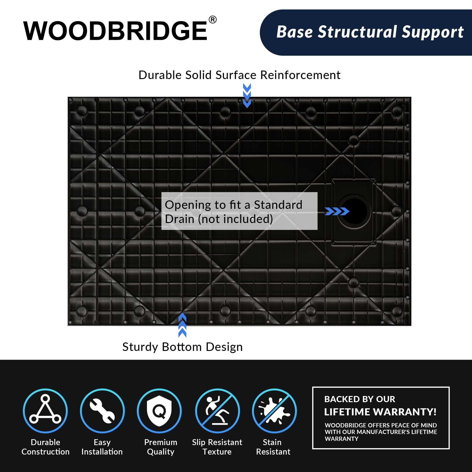 WOODBRIDGE 47.25 in L x 31.5 in W Zero Threshold End Drain Shower Base with Reversible Drain Placement, Matching Decorative Drain Plate and Tile Flange, Wheel Chair Access, Low Profile, Carrara Black