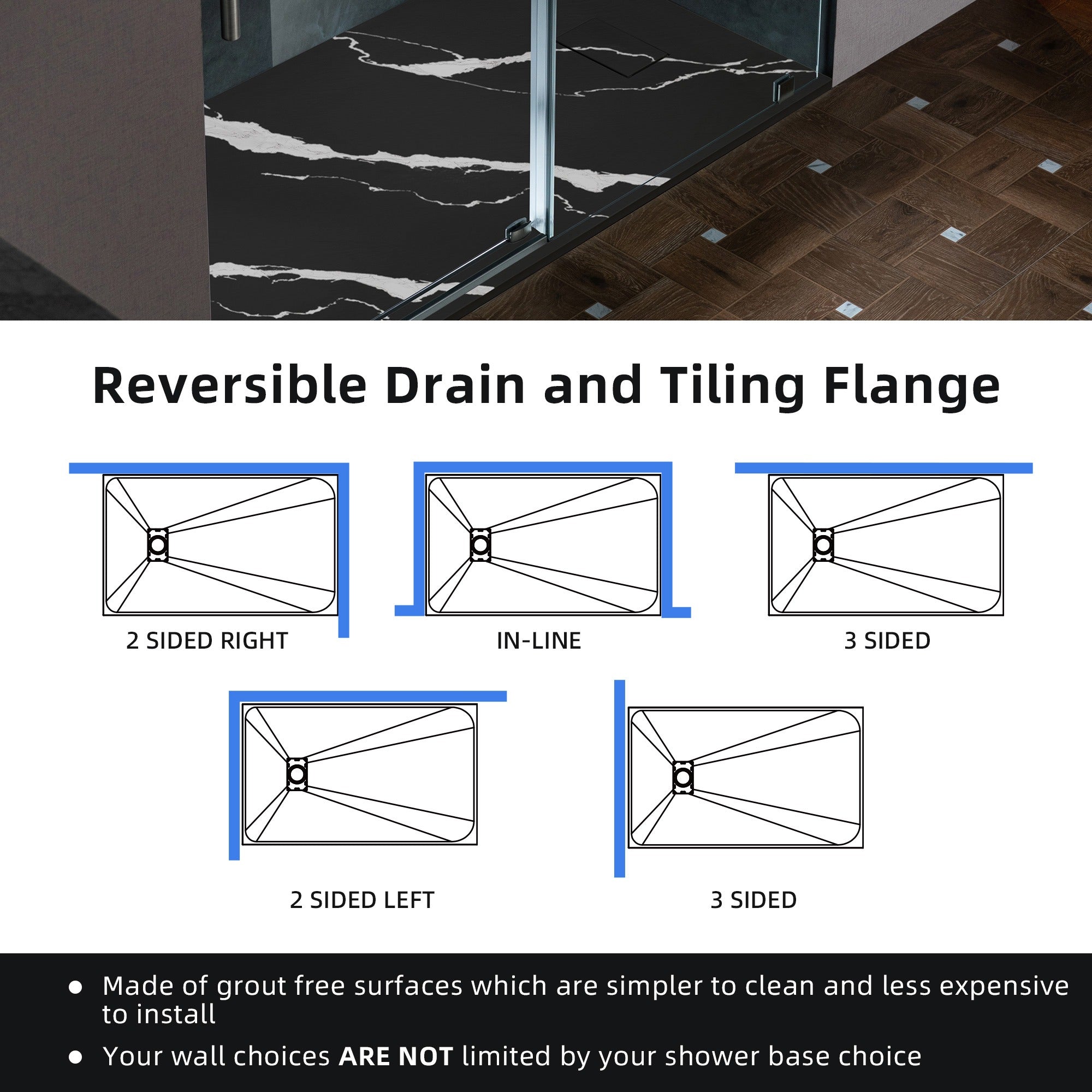 WOODBRIDGE 47.25 in L x 31.5 in W Zero Threshold End Drain Shower Base with Reversible Drain Placement, Matching Decorative Drain Plate and Tile Flange, Wheel Chair Access, Low Profile, Carrara Black