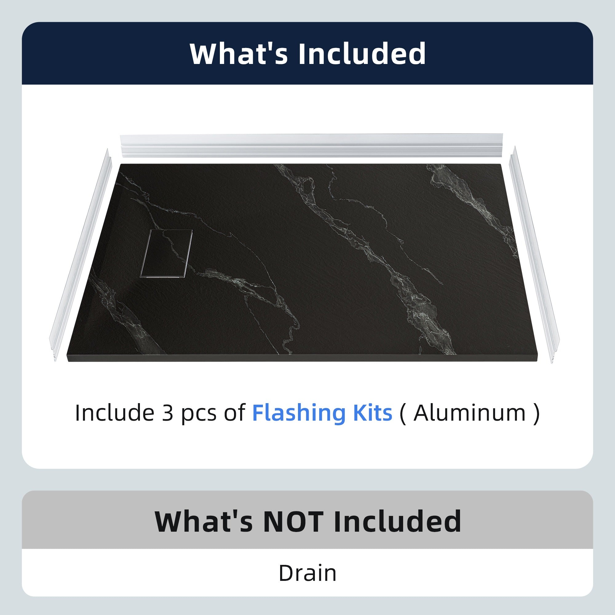 WOODBRIDGE 47.25 in L x 31.5 in W Zero Threshold End Drain Shower Base with Reversible Drain Placement, Matching Decorative Drain Plate and Tile Flange, Wheel Chair Access, Low Profile, Carrara Black