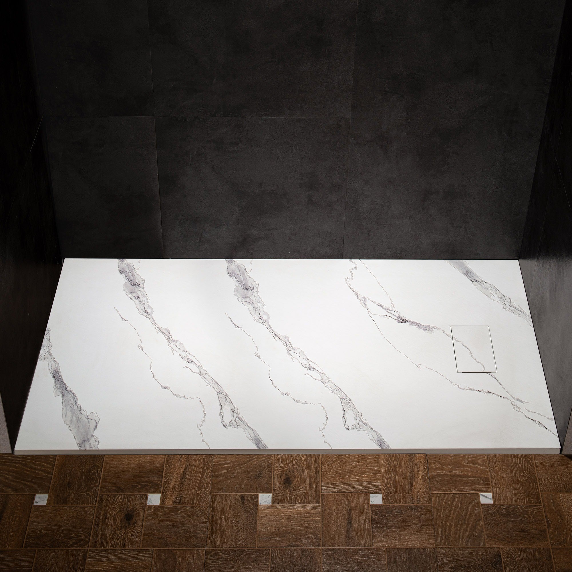 WOODBRIDGE 47.25 in L x 31.5 in W Zero Threshold End Drain Shower Base with Reversible Drain Placement, Matching Decorative Drain Plate and Tile Flange, Wheel Chair Access, Low Profile, Carrara White