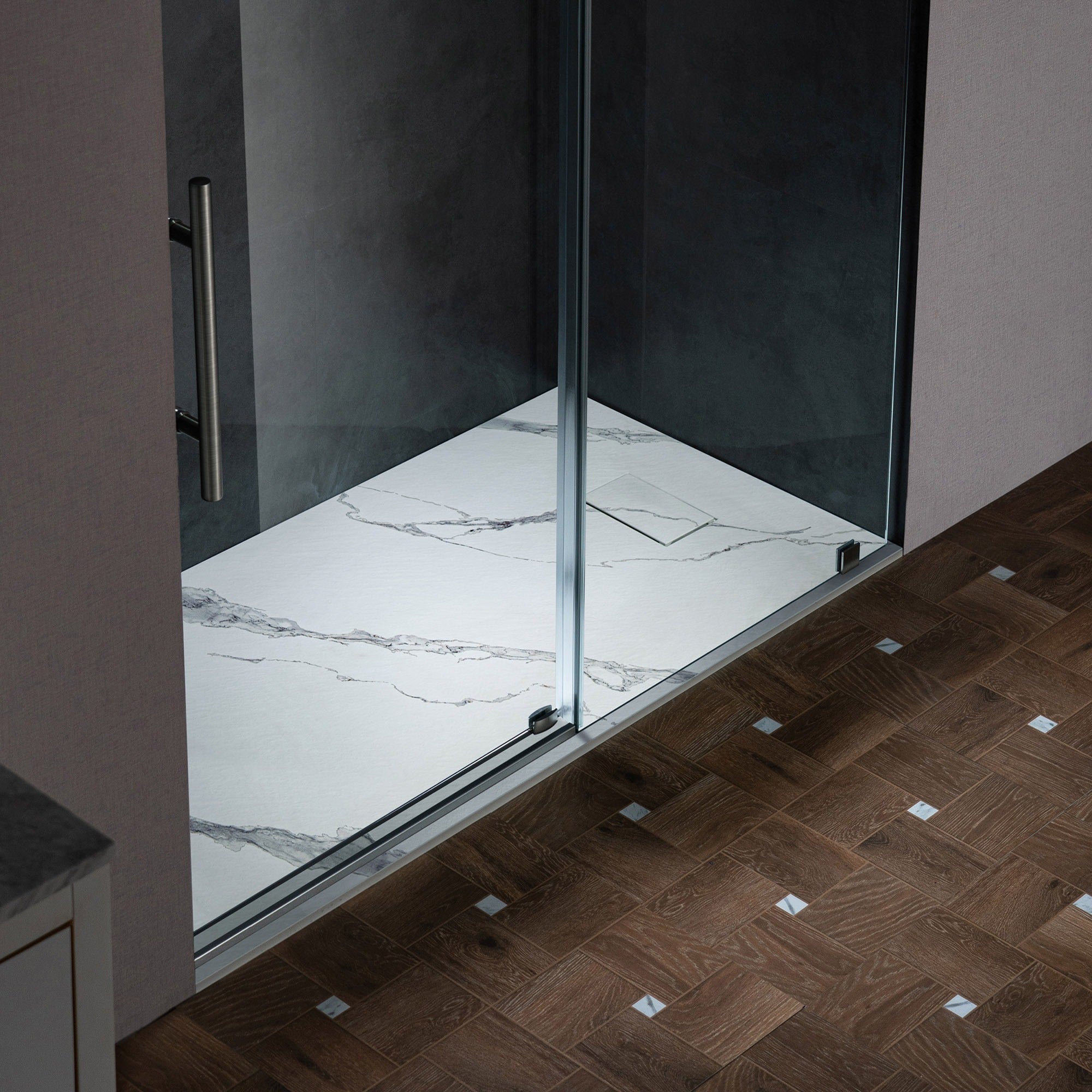 WOODBRIDGE 47.25 in L x 31.5 in W Zero Threshold End Drain Shower Base with Reversible Drain Placement, Matching Decorative Drain Plate and Tile Flange, Wheel Chair Access, Low Profile, Carrara White
