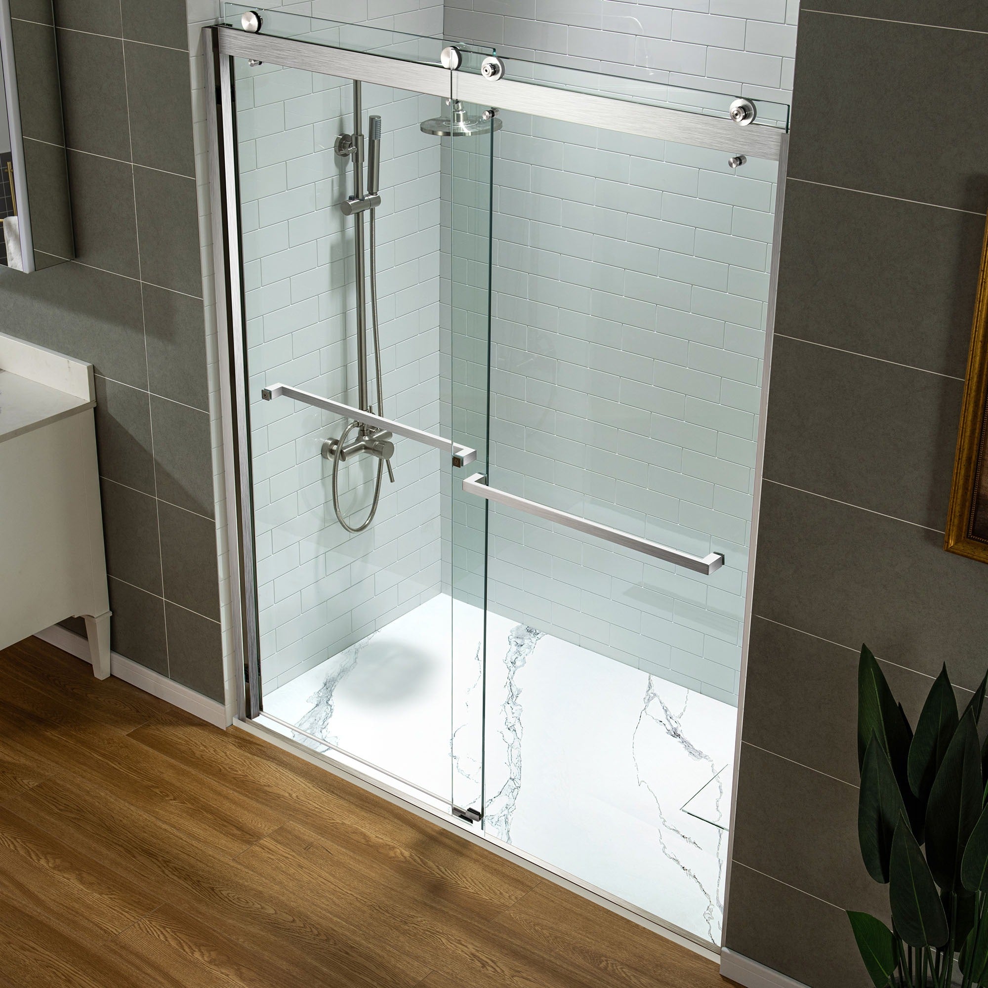 WOODBRIDGE 47.25 in L x 31.5 in W Zero Threshold End Drain Shower Base with Reversible Drain Placement, Matching Decorative Drain Plate and Tile Flange, Wheel Chair Access, Low Profile, Carrara White