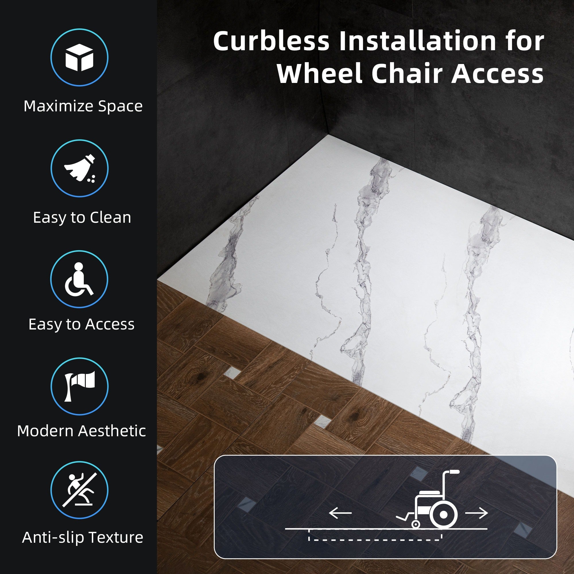 WOODBRIDGE 47.25 in L x 31.5 in W Zero Threshold End Drain Shower Base with Reversible Drain Placement, Matching Decorative Drain Plate and Tile Flange, Wheel Chair Access, Low Profile, Carrara White
