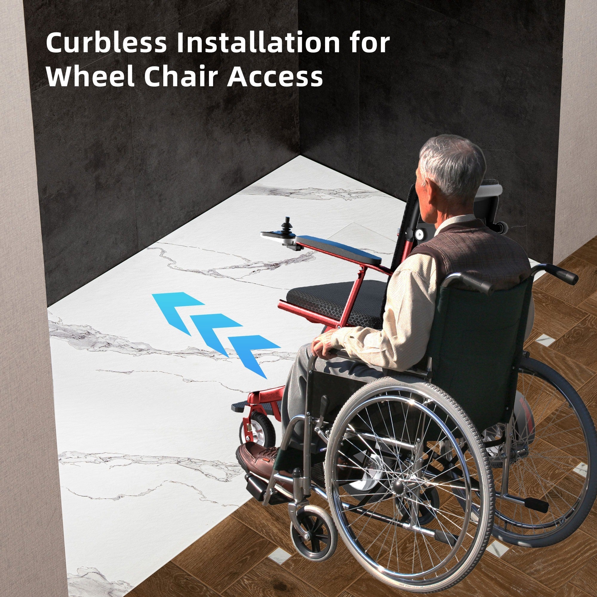 WOODBRIDGE 47.25 in L x 31.5 in W Zero Threshold End Drain Shower Base with Reversible Drain Placement, Matching Decorative Drain Plate and Tile Flange, Wheel Chair Access, Low Profile, Carrara White