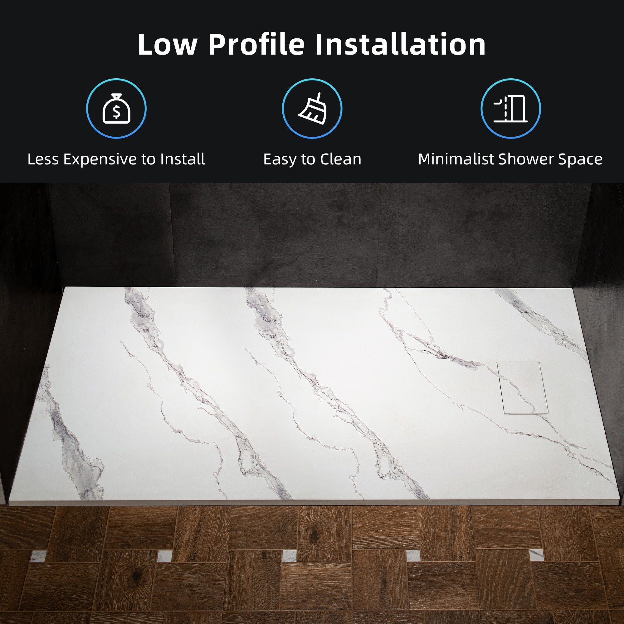 WOODBRIDGE 47.25 in L x 31.5 in W Zero Threshold End Drain Shower Base with Reversible Drain Placement, Matching Decorative Drain Plate and Tile Flange, Wheel Chair Access, Low Profile, Carrara White