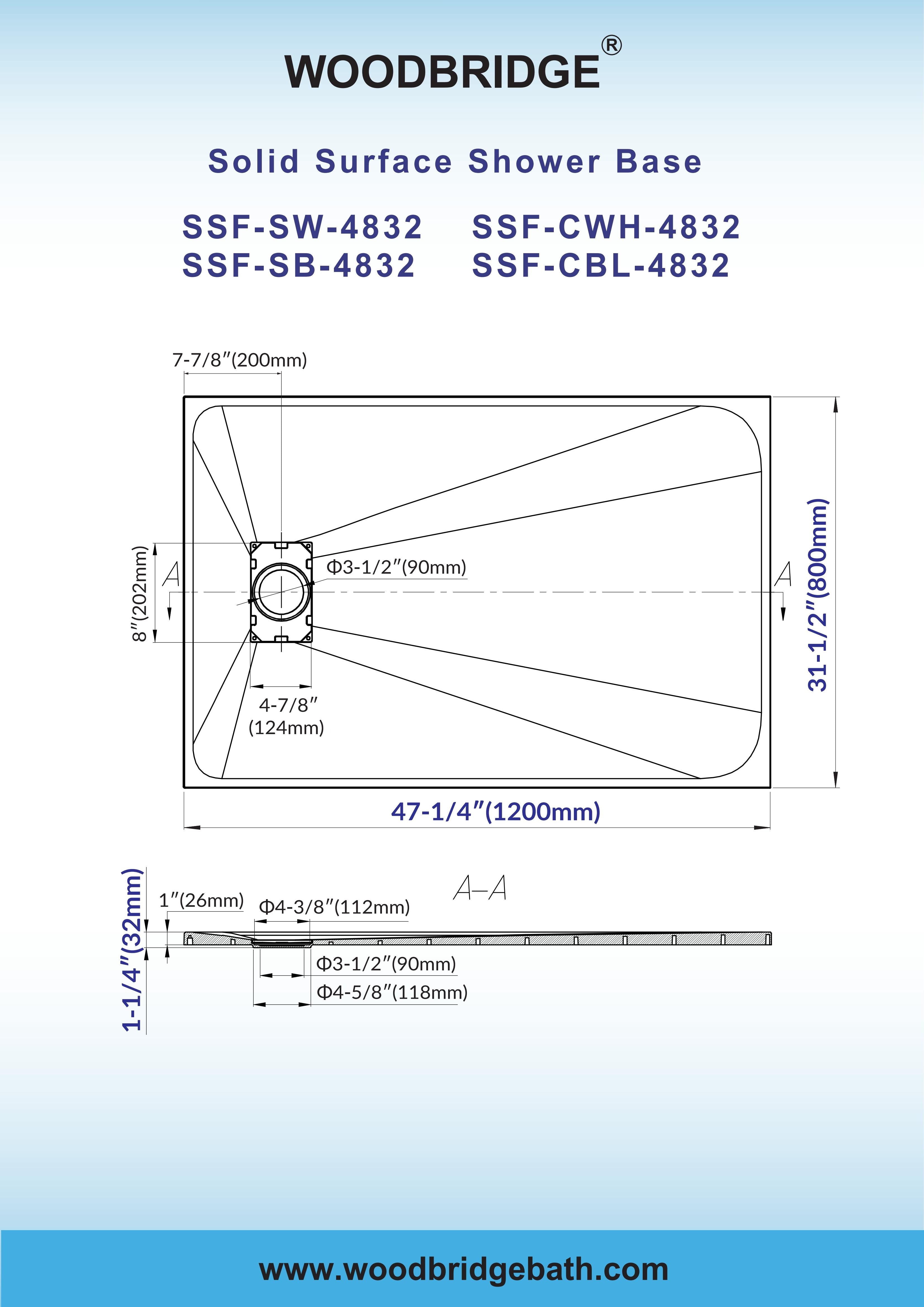 WOODBRIDGE 47.25 in L x 31.5 in W Zero Threshold End Drain Shower Base with Reversible Drain Placement, Matching Decorative Drain Plate and Tile Flange, Wheel Chair Access, Low Profile, Carrara White