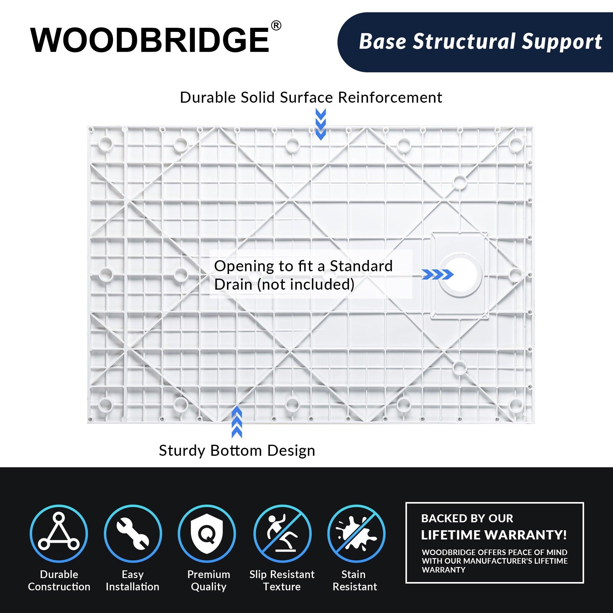 WOODBRIDGE 47.25 in L x 31.5 in W Zero Threshold End Drain Shower Base with Reversible Drain Placement, Matching Decorative Drain Plate and Tile Flange, Wheel Chair Access, Low Profile, Carrara White