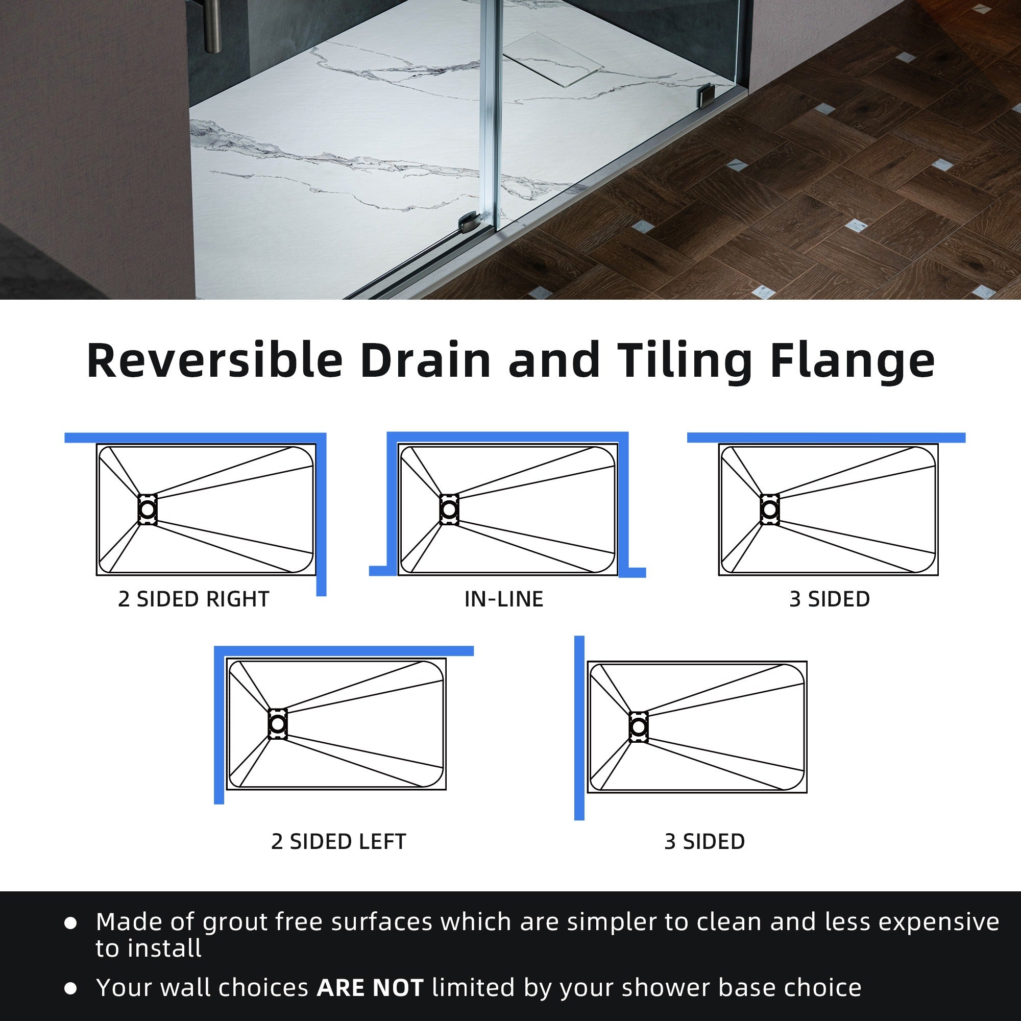 WOODBRIDGE 47.25 in L x 31.5 in W Zero Threshold End Drain Shower Base with Reversible Drain Placement, Matching Decorative Drain Plate and Tile Flange, Wheel Chair Access, Low Profile, Carrara White