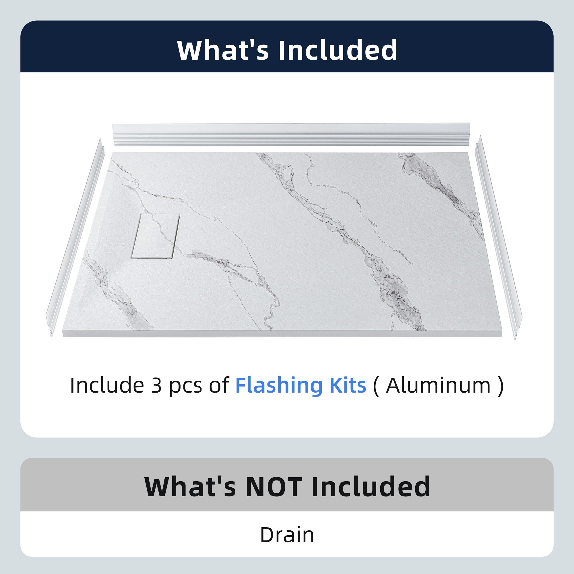 WOODBRIDGE 47.25 in L x 31.5 in W Zero Threshold End Drain Shower Base with Reversible Drain Placement, Matching Decorative Drain Plate and Tile Flange, Wheel Chair Access, Low Profile, Carrara White
