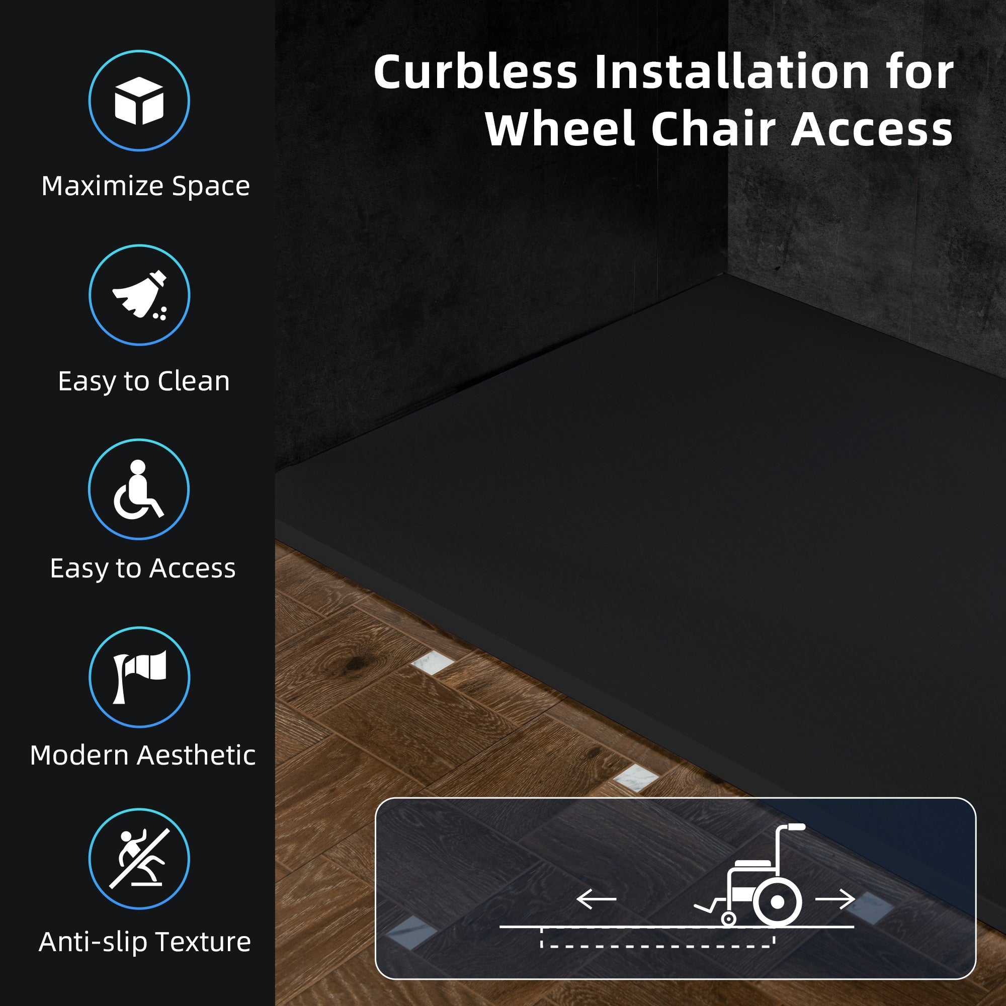 WOODBRIDGE 47.25 in L x 31.5 W Zero Threshold End Drain Shower Base with Reversible Drain Placement, Matching Decorative Drain Plate and Tile Flange, Wheel Chair Access, Low Profile, Black