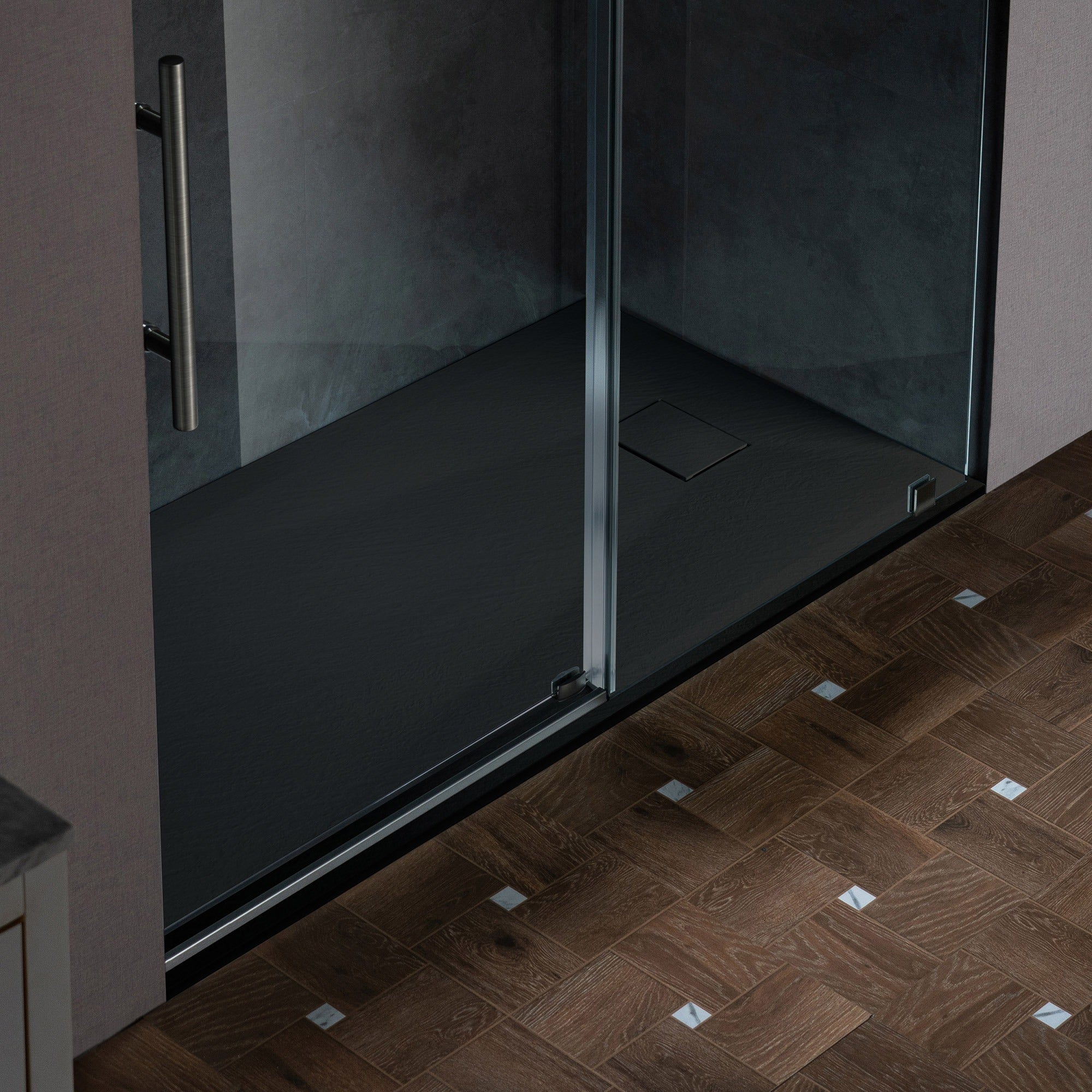 WOODBRIDGE 47.25 in L x 31.5 W Zero Threshold End Drain Shower Base with Reversible Drain Placement, Matching Decorative Drain Plate and Tile Flange, Wheel Chair Access, Low Profile, Black