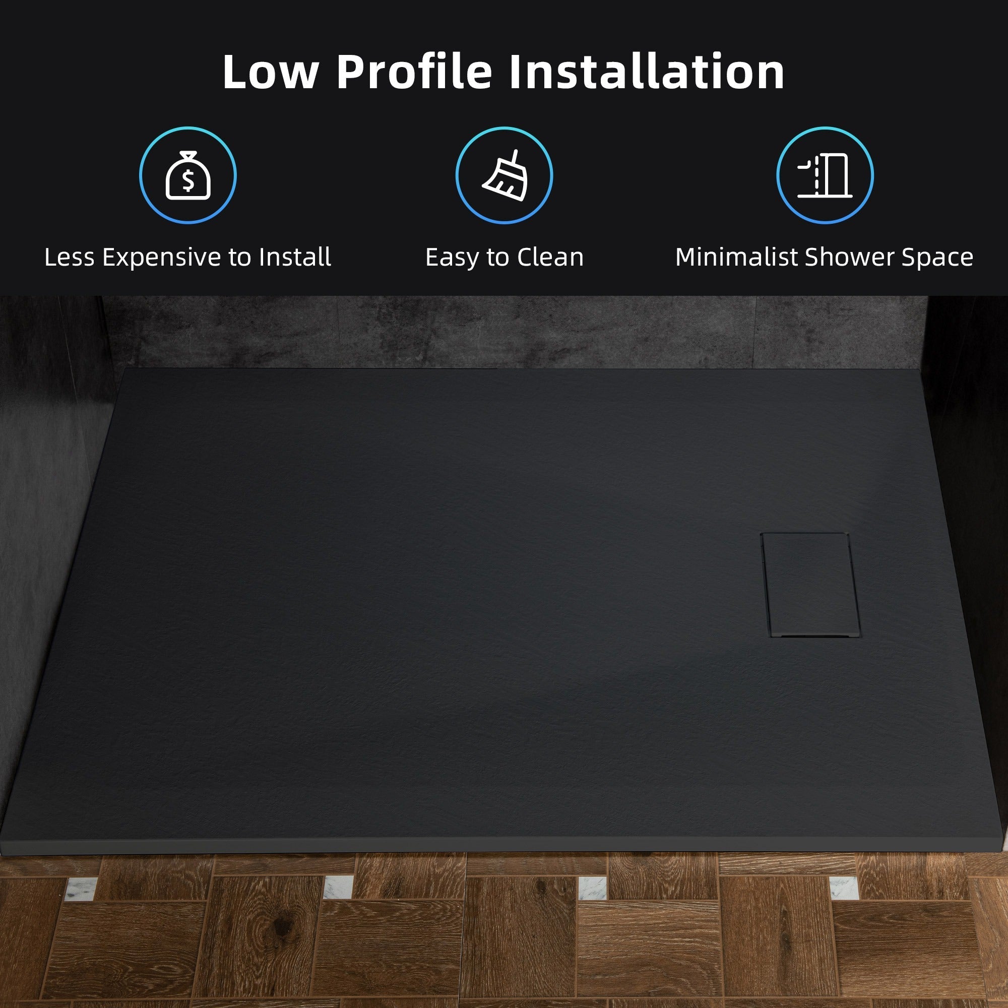 WOODBRIDGE 47.25 in L x 31.5 W Zero Threshold End Drain Shower Base with Reversible Drain Placement, Matching Decorative Drain Plate and Tile Flange, Wheel Chair Access, Low Profile, Black