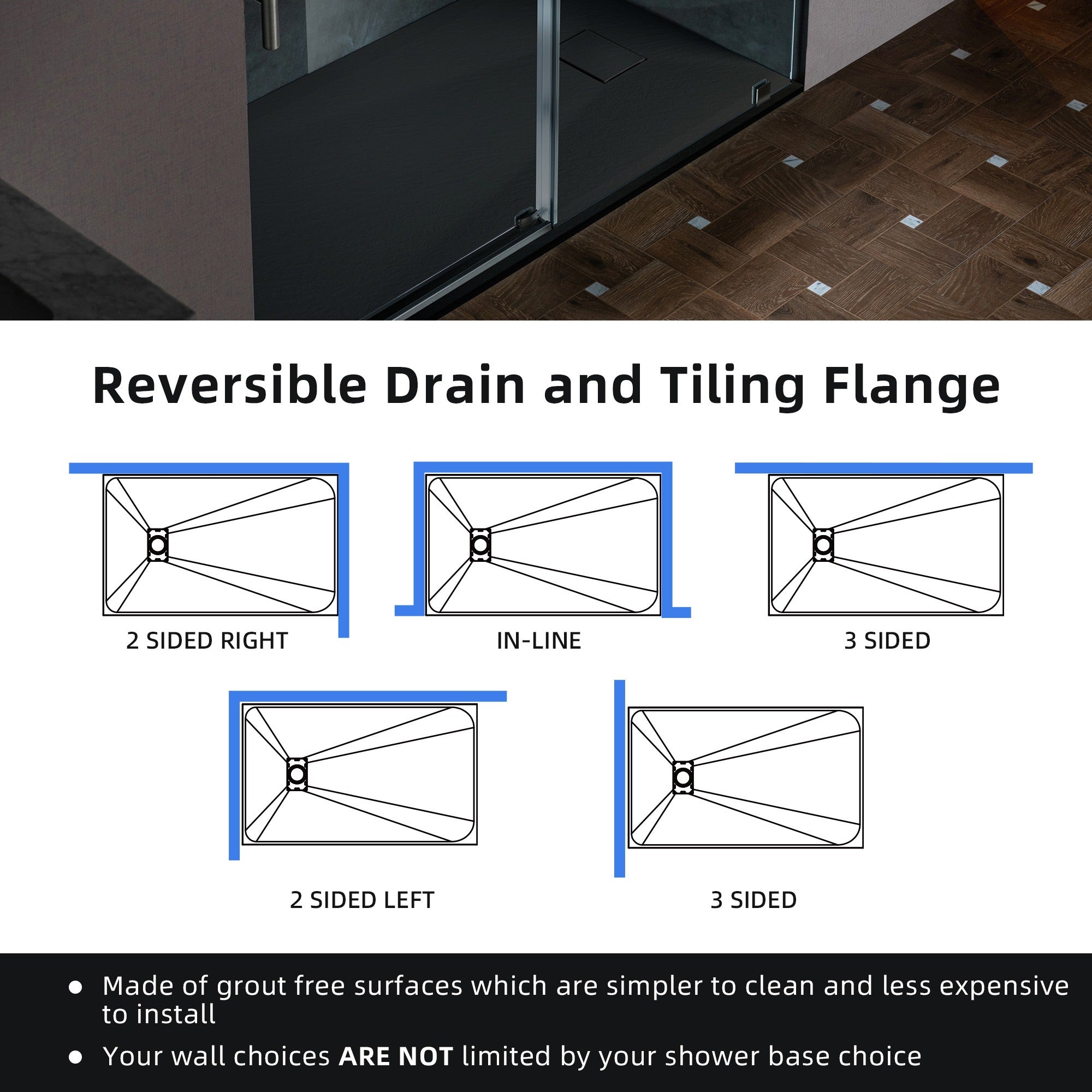 WOODBRIDGE 47.25 in L x 31.5 W Zero Threshold End Drain Shower Base with Reversible Drain Placement, Matching Decorative Drain Plate and Tile Flange, Wheel Chair Access, Low Profile, Black