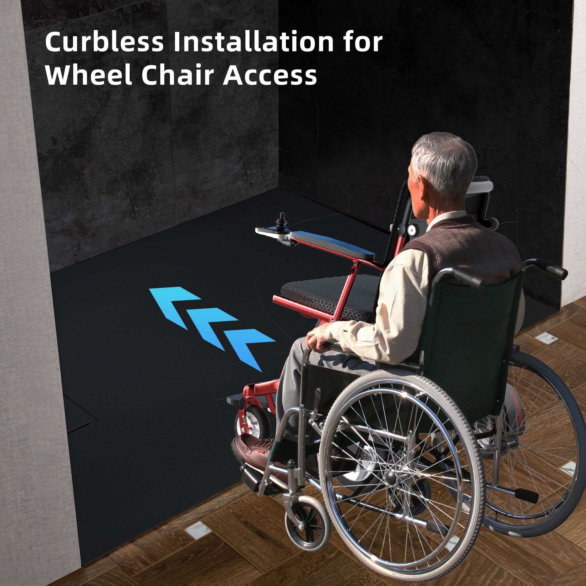 WOODBRIDGE 47.25 in L x 31.5 W Zero Threshold End Drain Shower Base with Reversible Drain Placement, Matching Decorative Drain Plate and Tile Flange, Wheel Chair Access, Low Profile, Black
