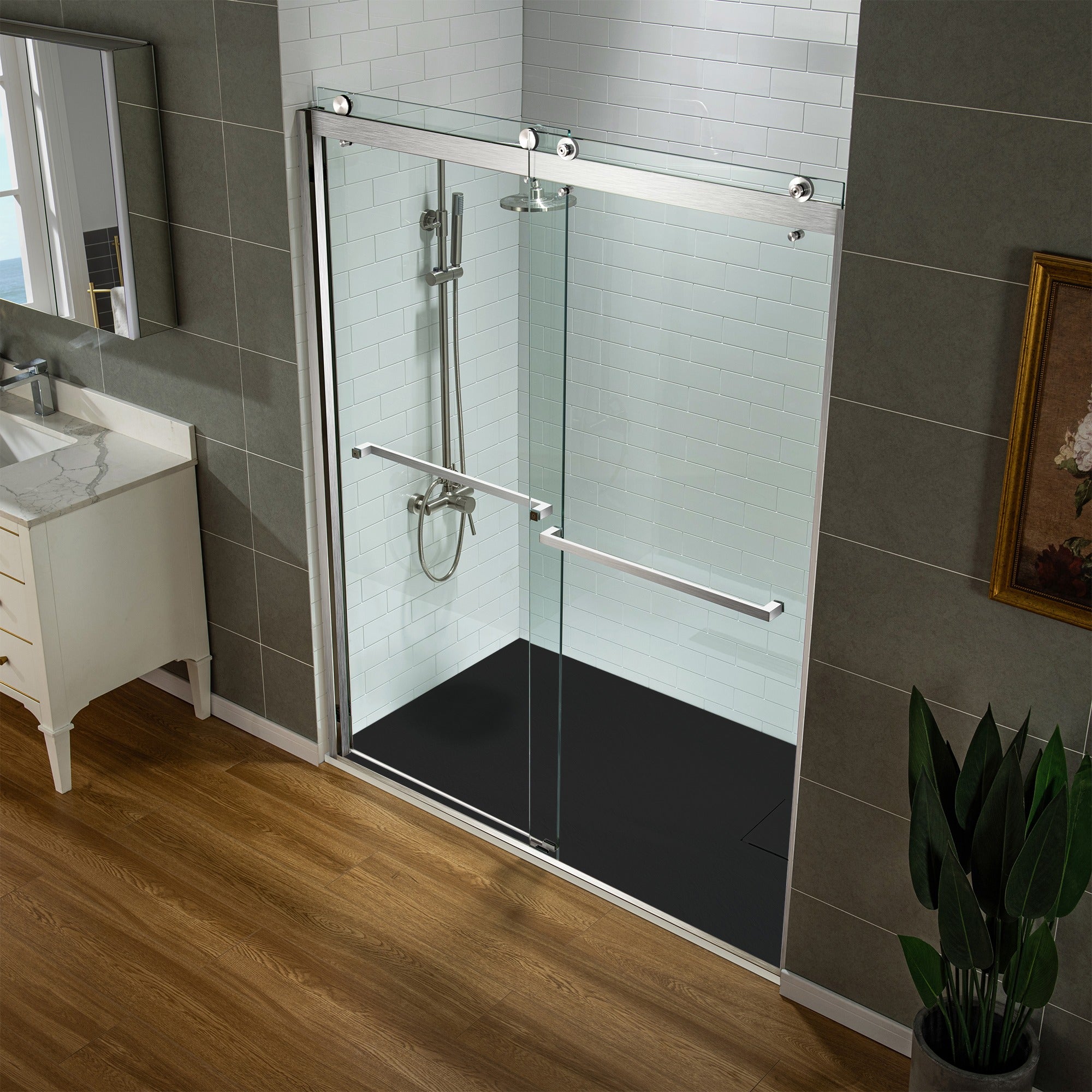 WOODBRIDGE 47.25 in L x 31.5 W Zero Threshold End Drain Shower Base with Reversible Drain Placement, Matching Decorative Drain Plate and Tile Flange, Wheel Chair Access, Low Profile, Black