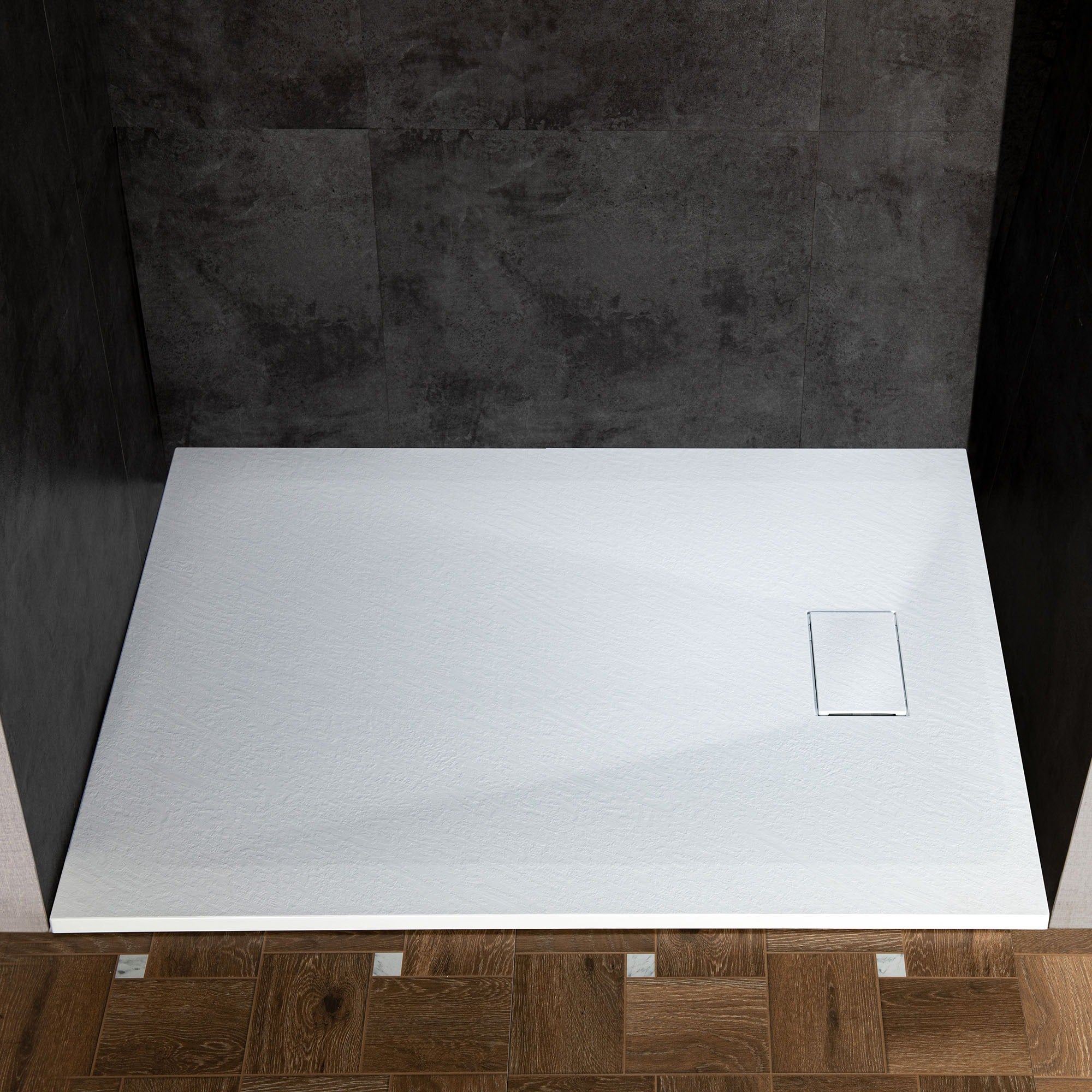 WOODBRIDGE 47.25 in L x 31.5 in W Zero Threshold End Drain Shower Base with Reversible Drain Placement, Matching Decorative Drain Plate and Tile Flange, Wheel Chair Access, Low Profile, White
