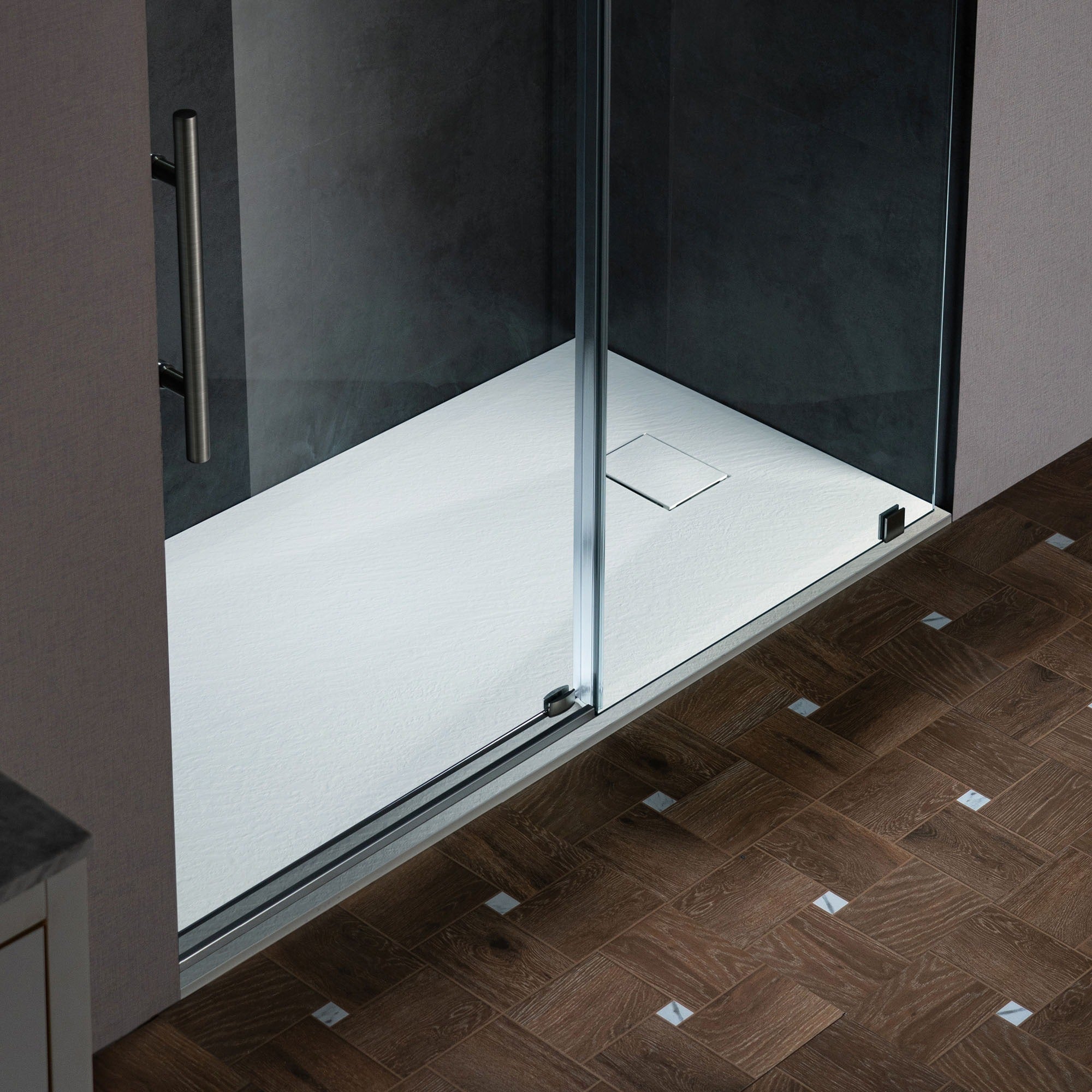 WOODBRIDGE 47.25 in L x 31.5 in W Zero Threshold End Drain Shower Base with Reversible Drain Placement, Matching Decorative Drain Plate and Tile Flange, Wheel Chair Access, Low Profile, White