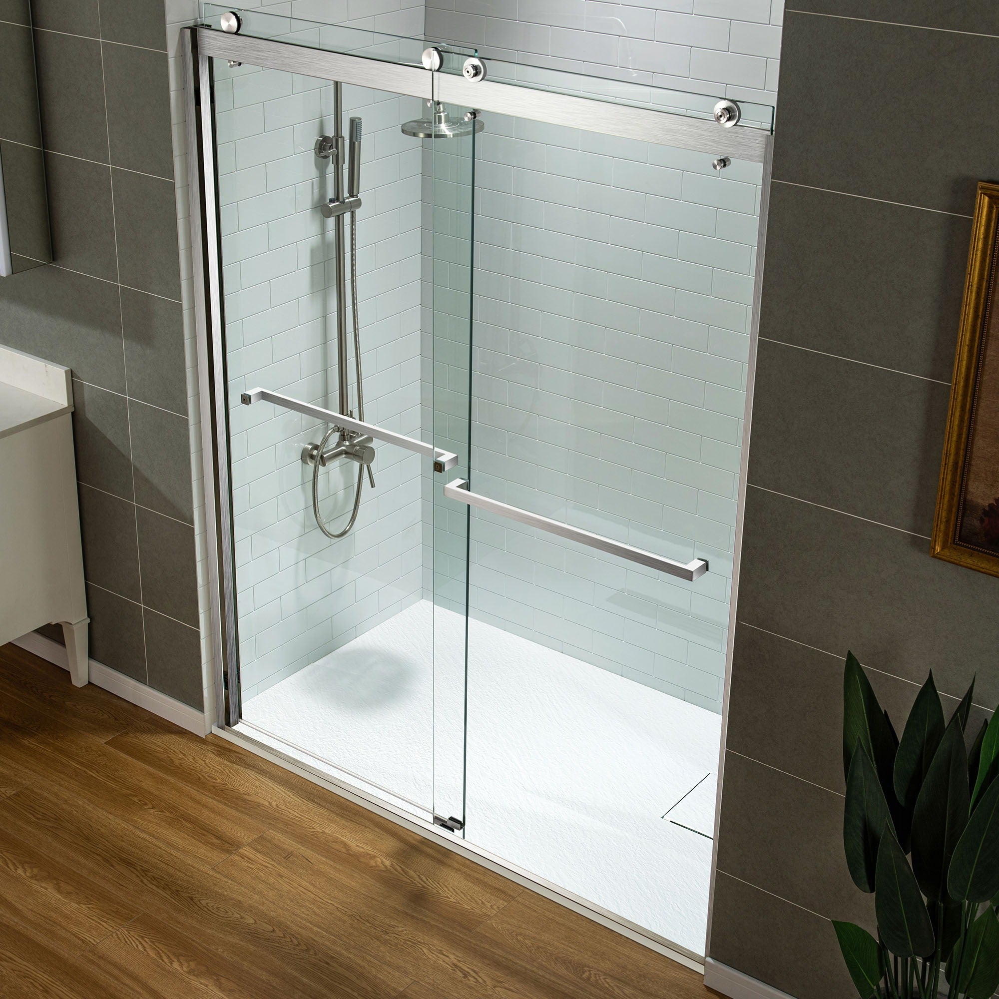 WOODBRIDGE 47.25 in L x 31.5 in W Zero Threshold End Drain Shower Base with Reversible Drain Placement, Matching Decorative Drain Plate and Tile Flange, Wheel Chair Access, Low Profile, White