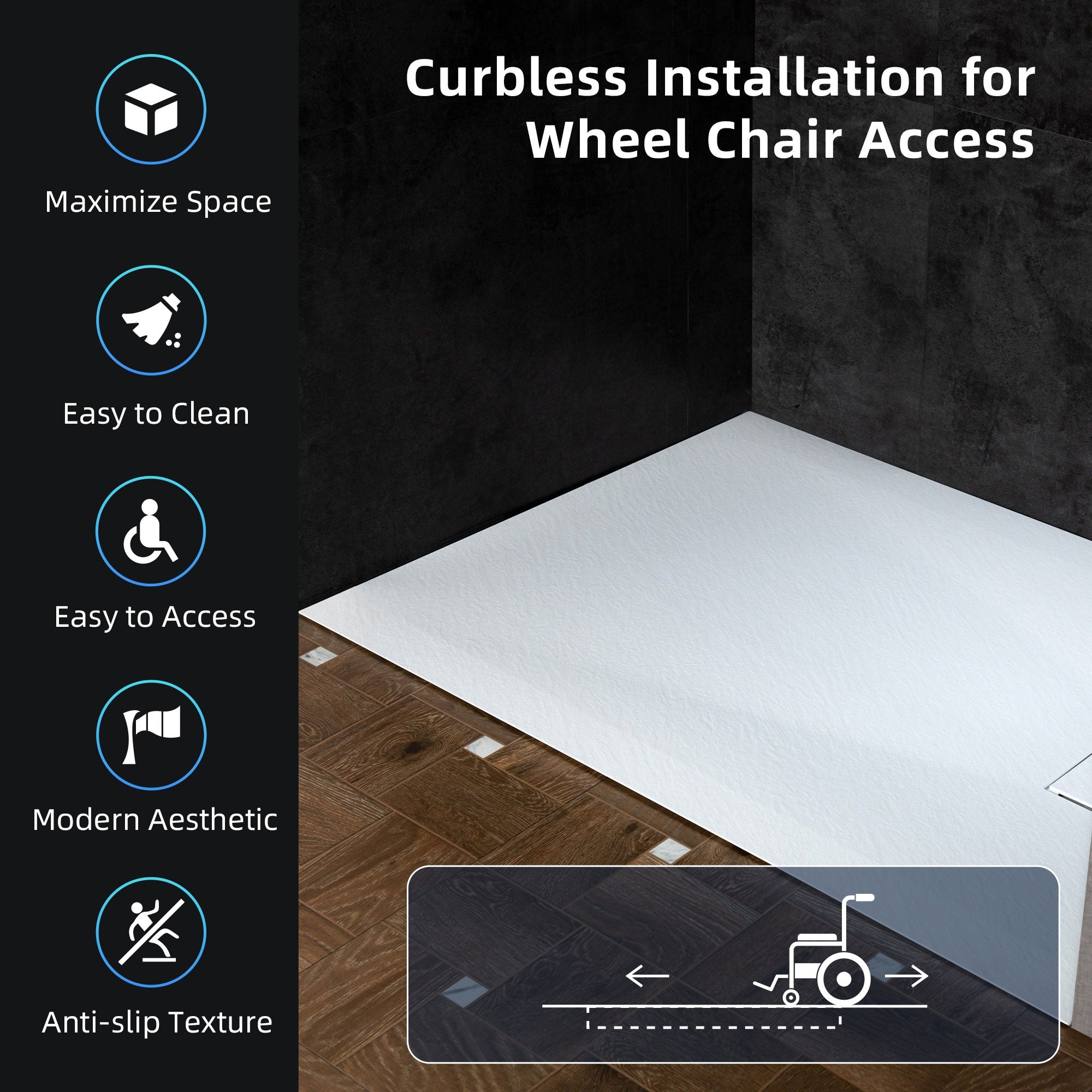 WOODBRIDGE 47.25 in L x 31.5 in W Zero Threshold End Drain Shower Base with Reversible Drain Placement, Matching Decorative Drain Plate and Tile Flange, Wheel Chair Access, Low Profile, White