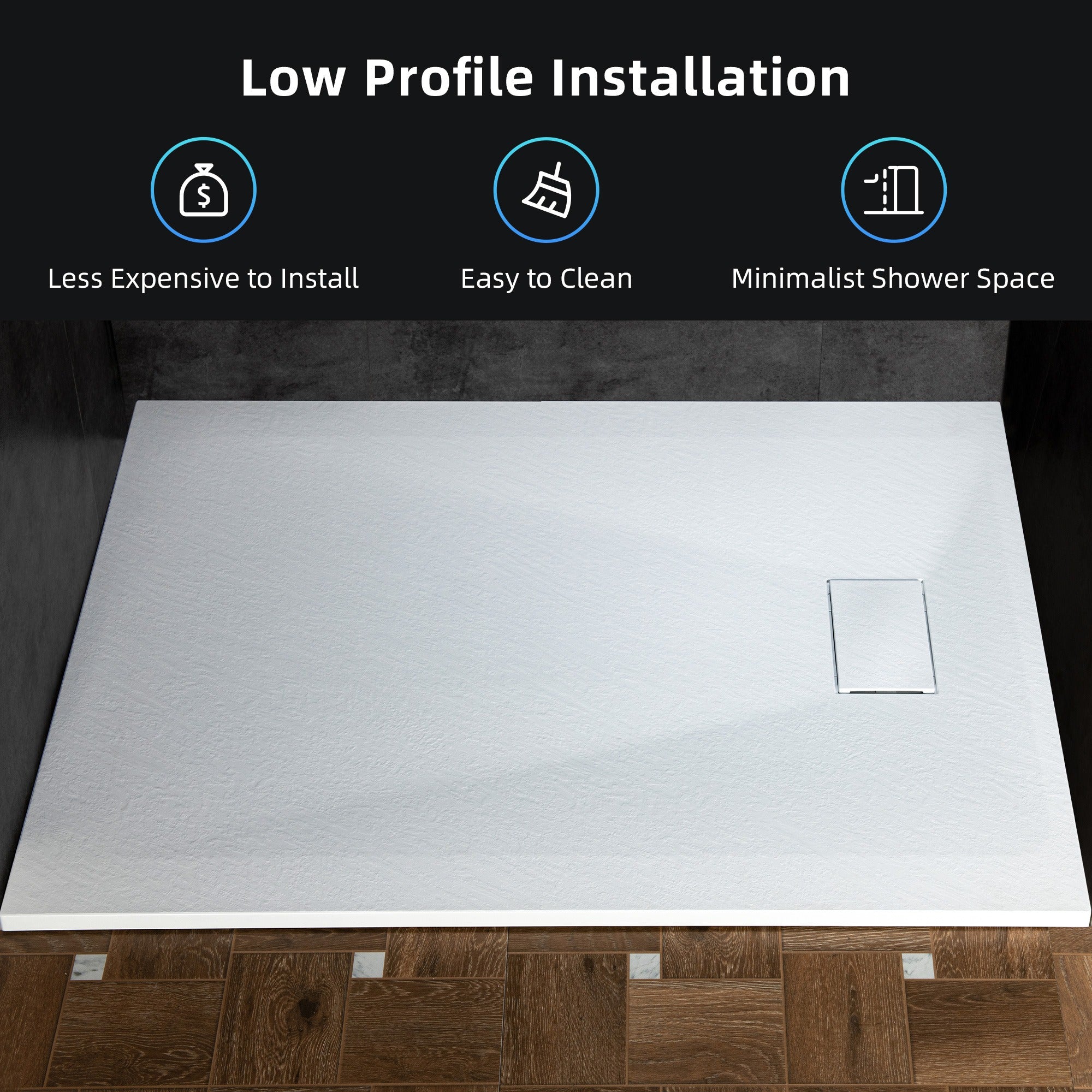 WOODBRIDGE 47.25 in L x 31.5 in W Zero Threshold End Drain Shower Base with Reversible Drain Placement, Matching Decorative Drain Plate and Tile Flange, Wheel Chair Access, Low Profile, White