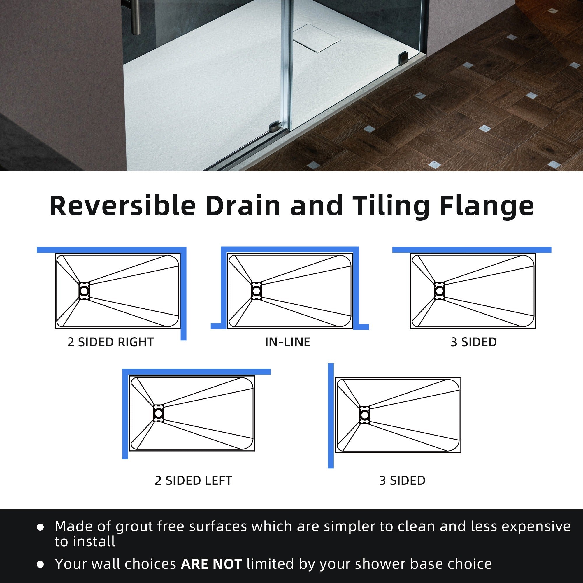 WOODBRIDGE 47.25 in L x 31.5 in W Zero Threshold End Drain Shower Base with Reversible Drain Placement, Matching Decorative Drain Plate and Tile Flange, Wheel Chair Access, Low Profile, White