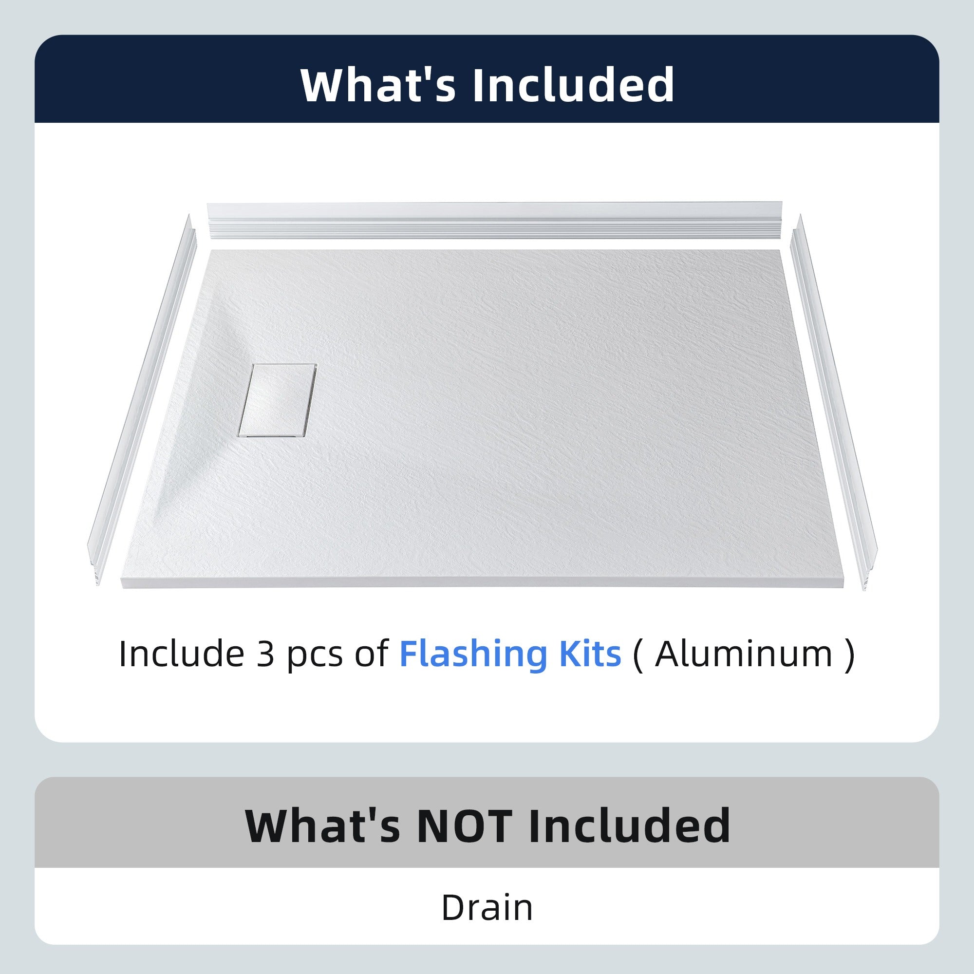 WOODBRIDGE 47.25 in L x 31.5 in W Zero Threshold End Drain Shower Base with Reversible Drain Placement, Matching Decorative Drain Plate and Tile Flange, Wheel Chair Access, Low Profile, White