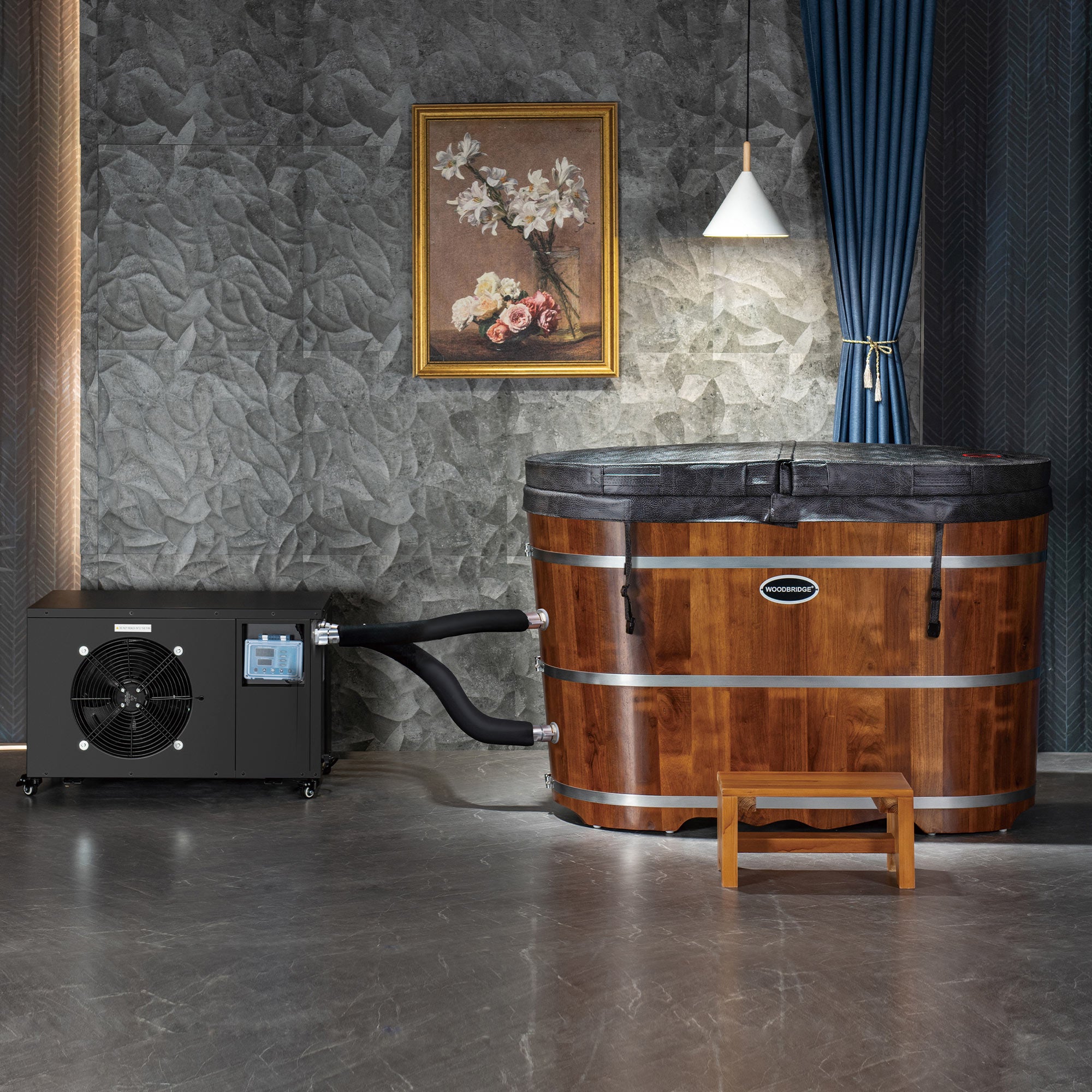 WOODBRIDGE 54" Luxury Indoor Cold Plunge Ice Tub with Chiller and Heater, Ozone sanitation, Filter circulation system, Insulated Tub Lid, Wood Stool, Wood seat, and Chrome Pop-Up Drain