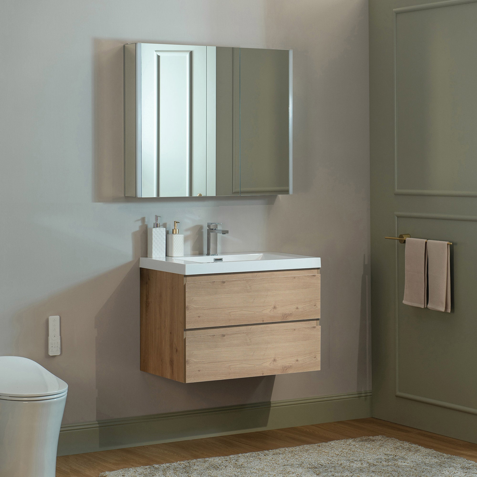 WOODBRIDGE 23-5/8 in. W x 19-5/8 in. D Wall Mounted Floating Vanity in Natural Oak with Resin Composite Vanity Top in Glossy White