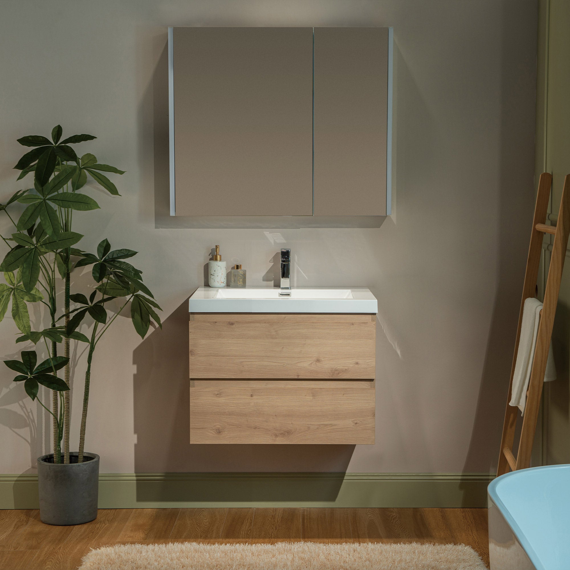 WOODBRIDGE 23-5/8 in. W x 19-5/8 in. D Wall Mounted Floating Vanity in Natural Oak with Resin Composite Vanity Top in Glossy White